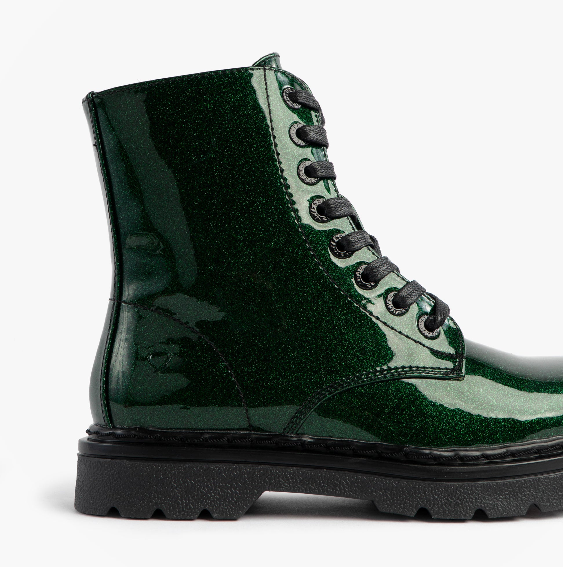 Heavenly Feet JUSTINA2 GLITTER Womens Ankle Boots Emerald Glitter side view featuring shiny green synthetic upper and lace-up closure.