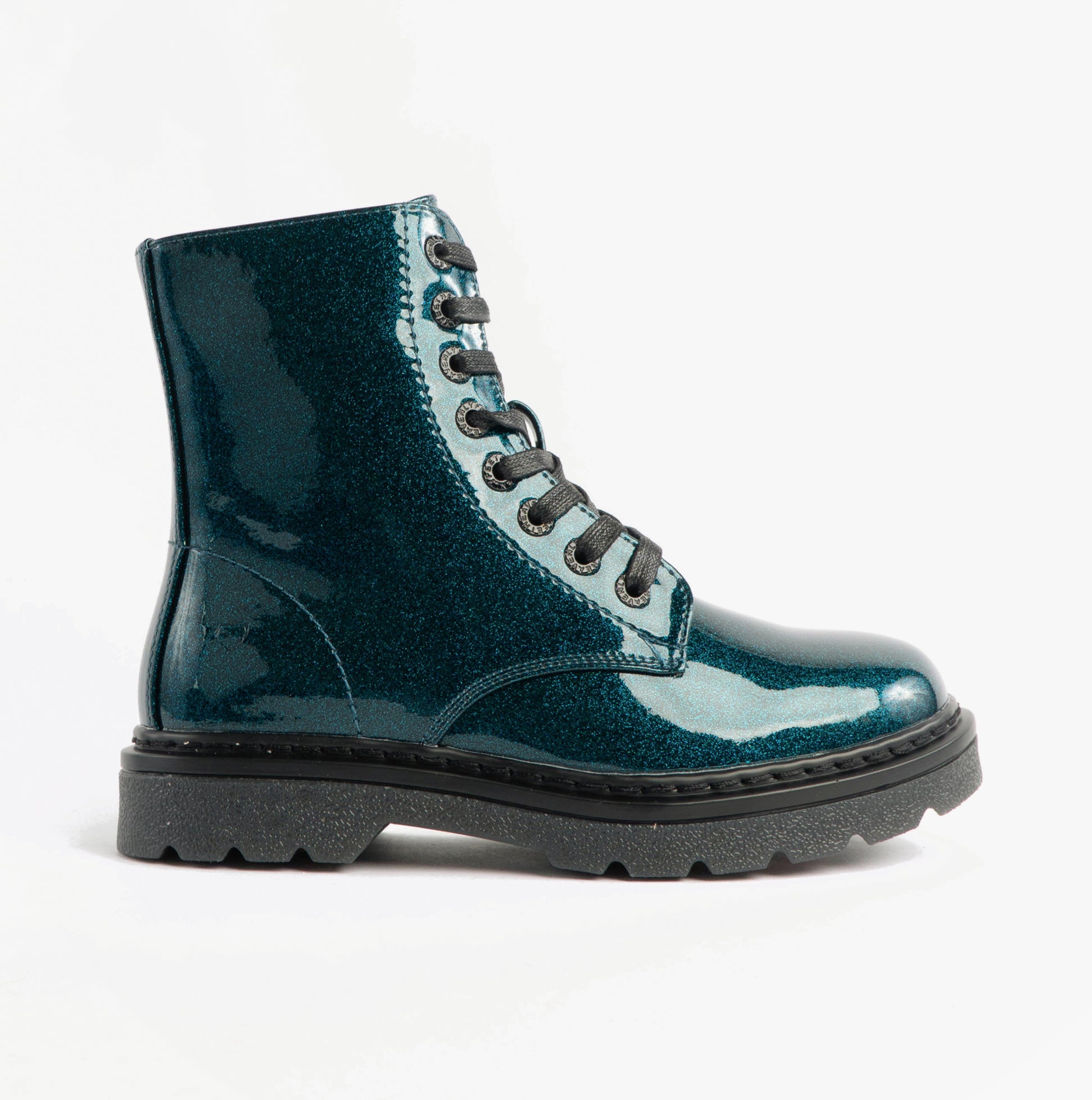Heavenly Feet JUSTINA2 GLITTER Womens Ankle Boots Ocean Glitter side view showing the shiny glitter finish and lace-up design.