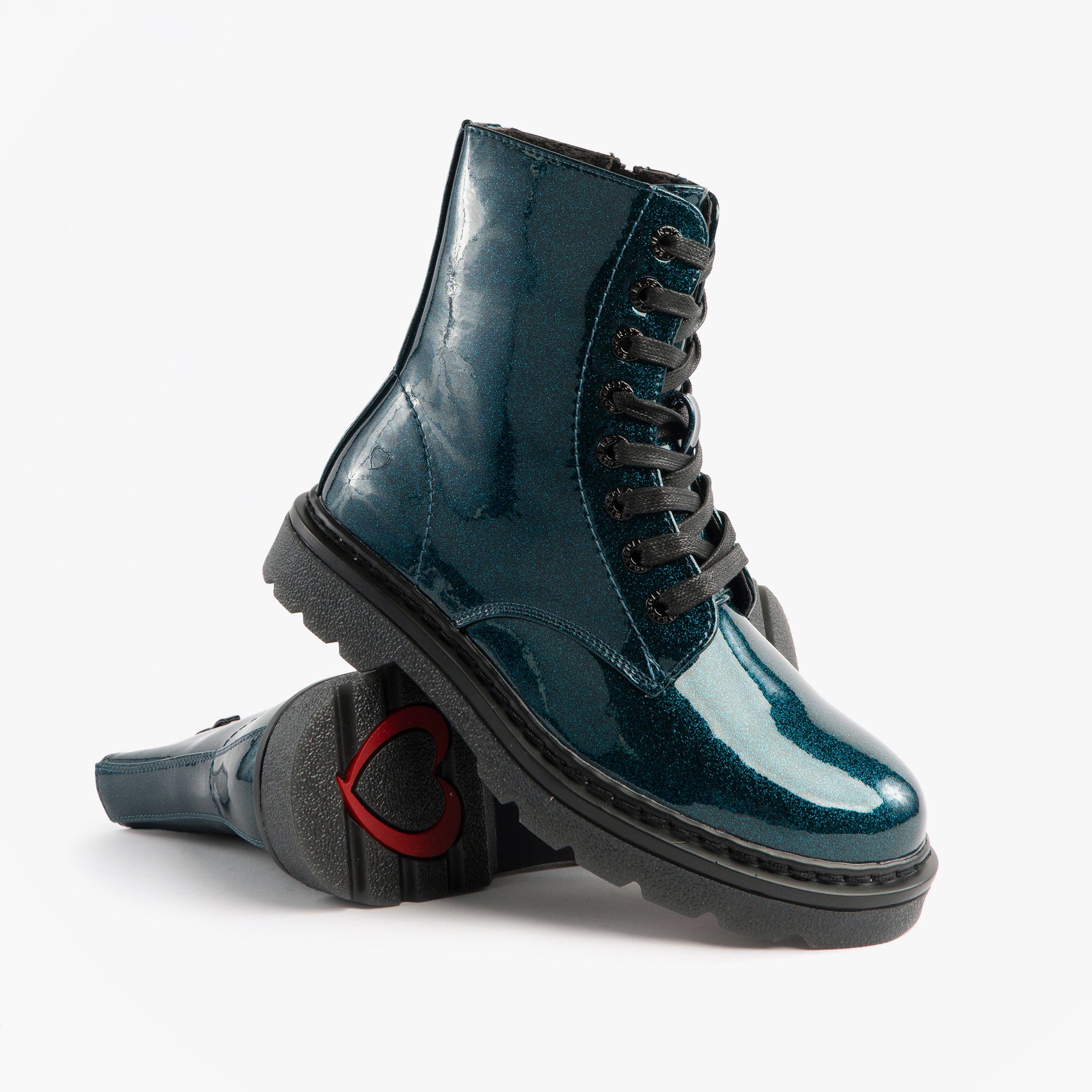 Heavenly Feet JUSTINA2 GLITTER Womens Ankle Boots Ocean Glitter side view, showcasing glossy teal finish and lace-up design.