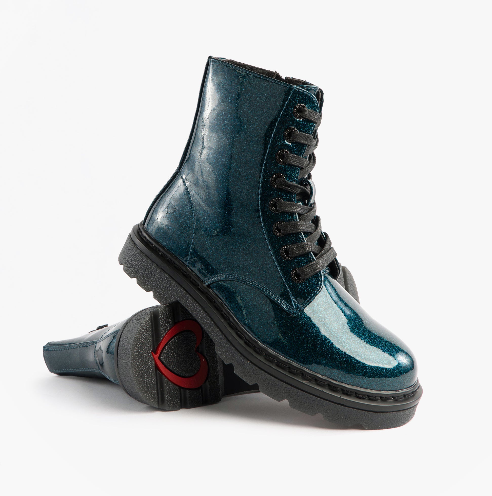 Heavenly Feet JUSTINA2 GLITTER Womens Ankle Boots Ocean Glitter side view, showcasing glossy teal finish and lace-up design.