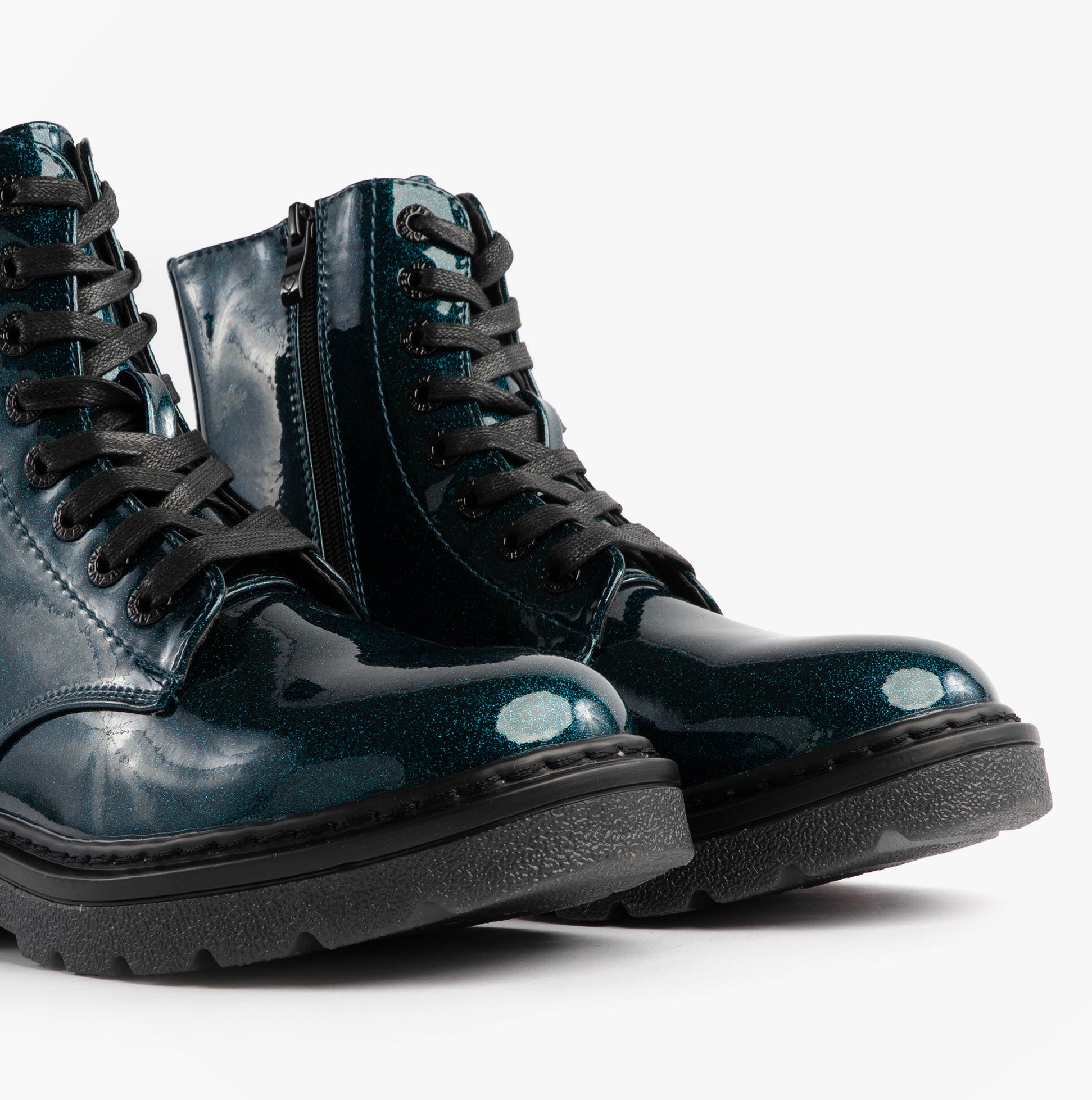 Heavenly Feet JUSTINA2 GLITTER Womens Ankle Boots Ocean Glitter side view showing lace-up and zip features