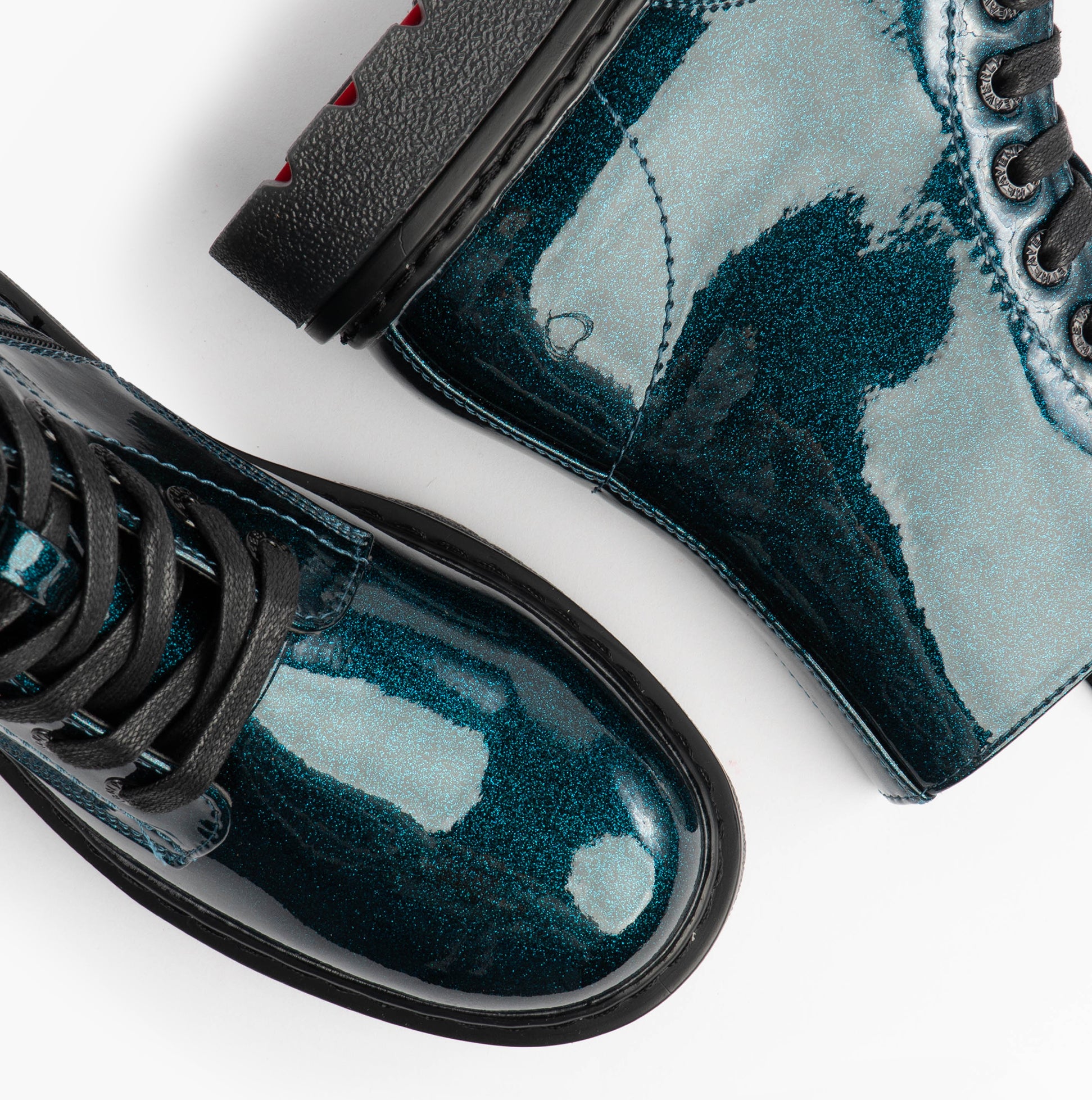 Heavenly Feet JUSTINA2 GLITTER Womens Ankle Boots Ocean Glitter top view of boots showing glossy finish and lace-up detail.