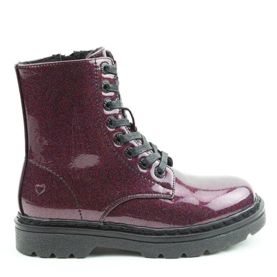 Heavenly Feet JUSTINA2 GLITTER Womens Ankle Boots Purple Glitter side view with glossy finish and lace-up design.