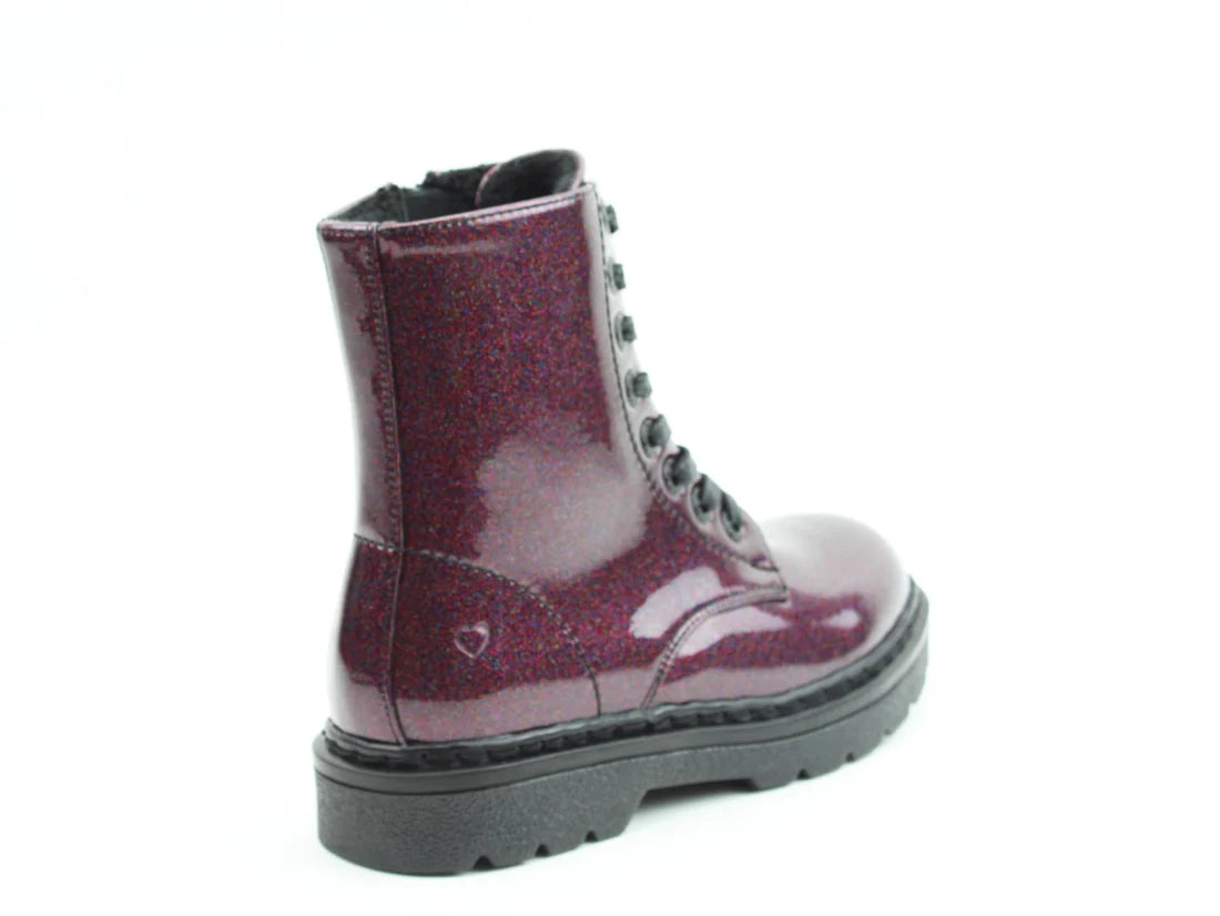 Heavenly Feet JUSTINA2 GLITTER Womens Ankle Boots Purple Glitter side view showcasing the combat boot style with lace-up closure.