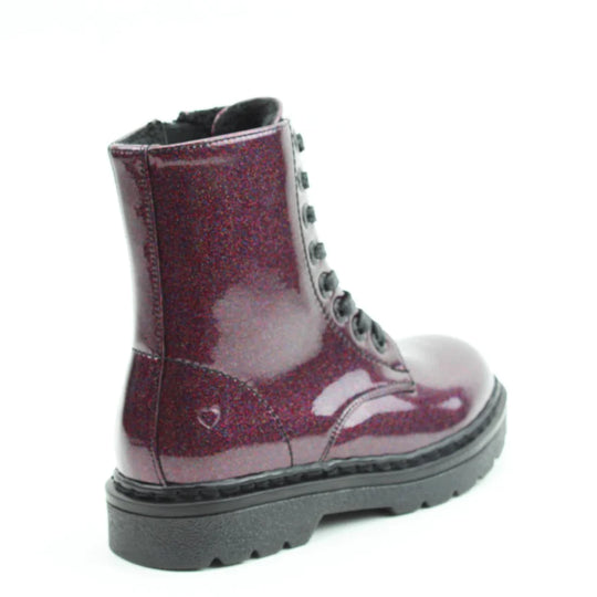 Heavenly Feet JUSTINA2 GLITTER Womens Ankle Boots Purple Glitter side view showcasing the combat boot style with lace-up closure.