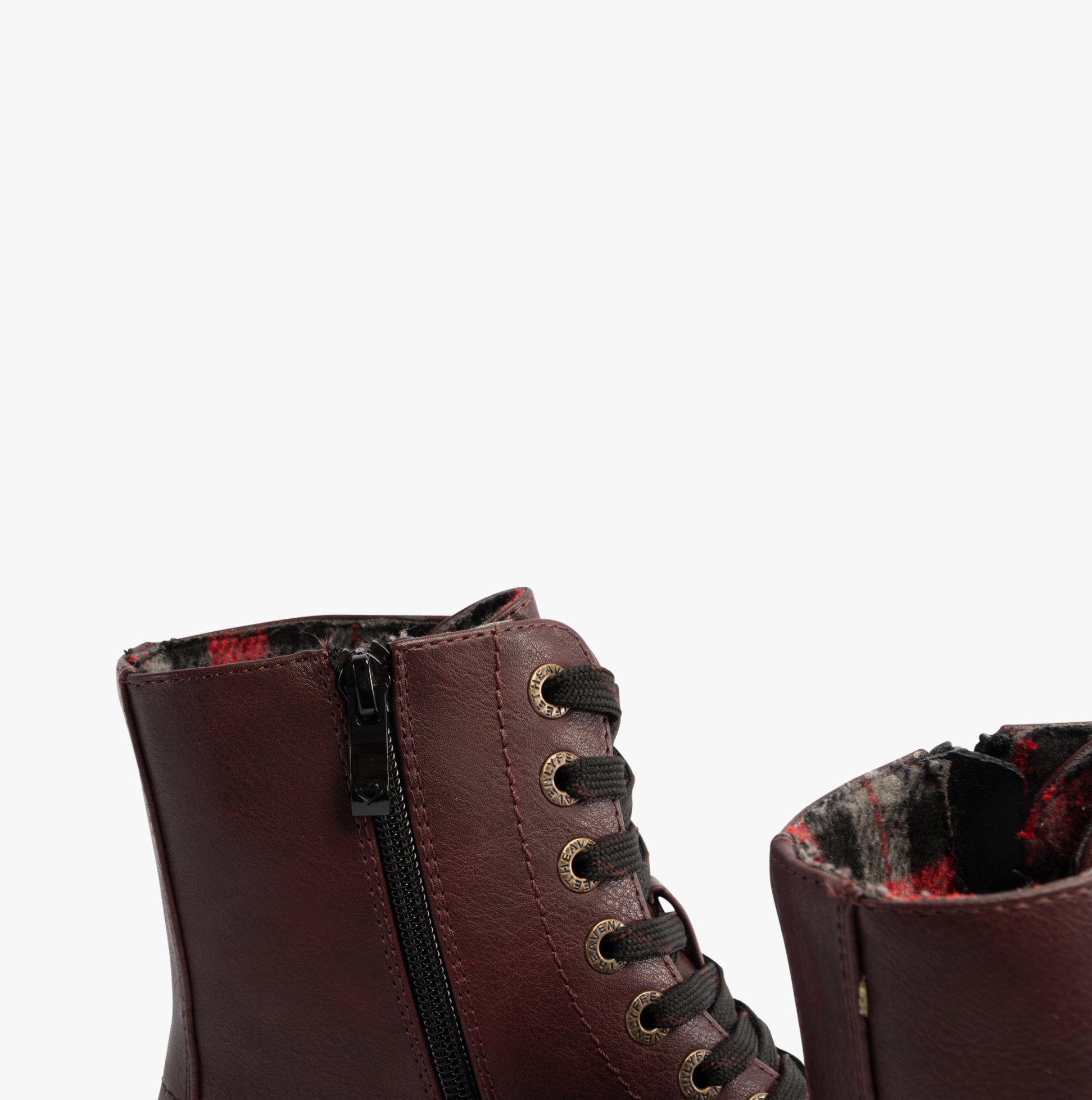 Heavenly Feet JUSTINA2 Womens Lace Up Boots Burgundy detail view showcasing faux leather upper and lace-up closure.