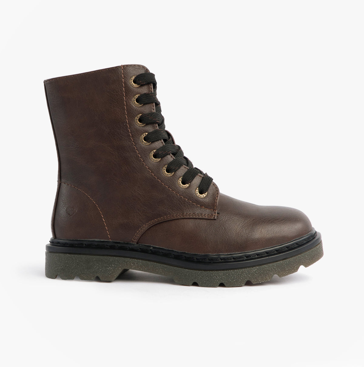 Heavenly Feet JUSTINA2 Womens Ankle Boots Chocolate side view featuring lace-up and zip closure, round toe, combat boot style.