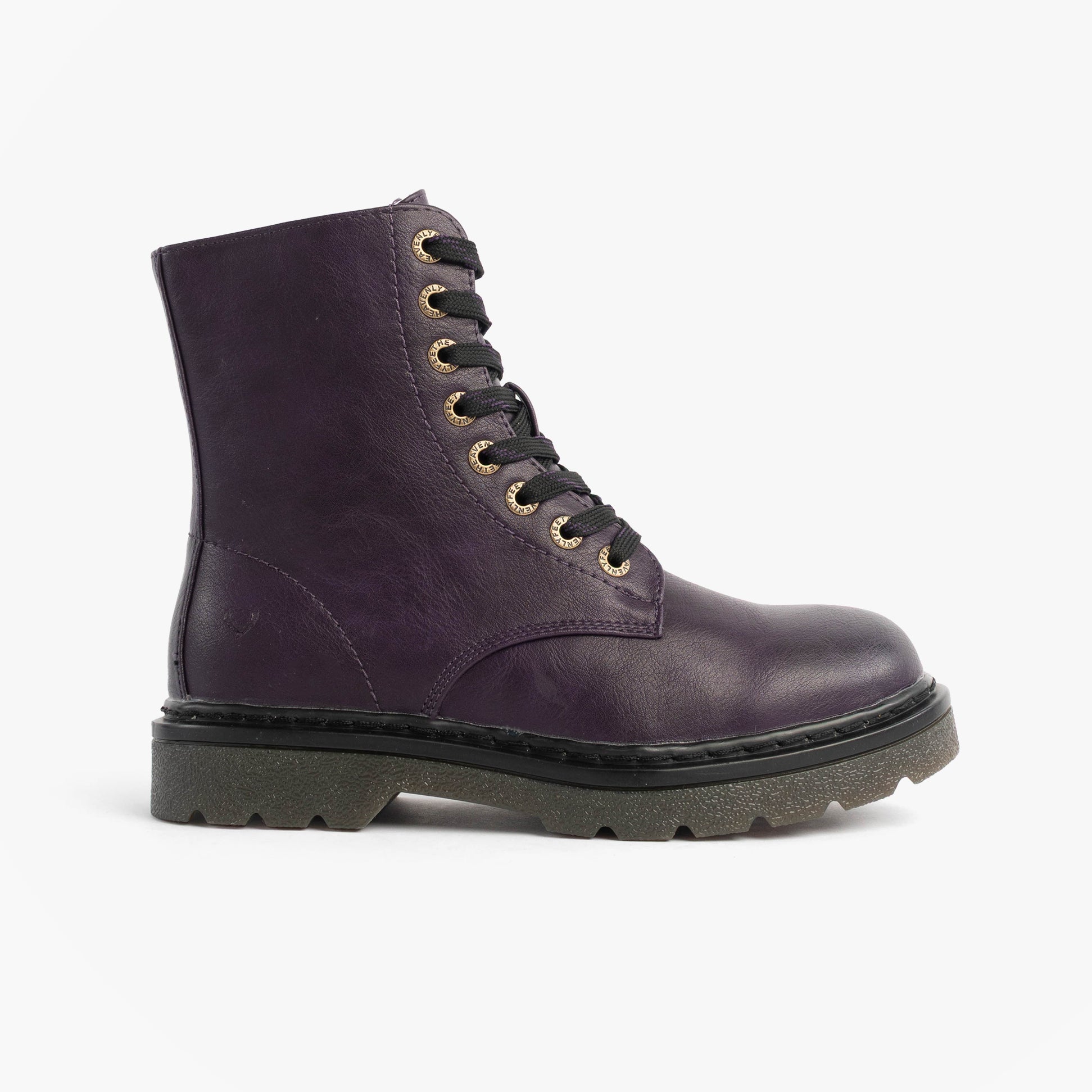 Heavenly Feet JUSTINA2 Womens Ankle Boots Purple side view showcasing lace-up design and combat boot style.