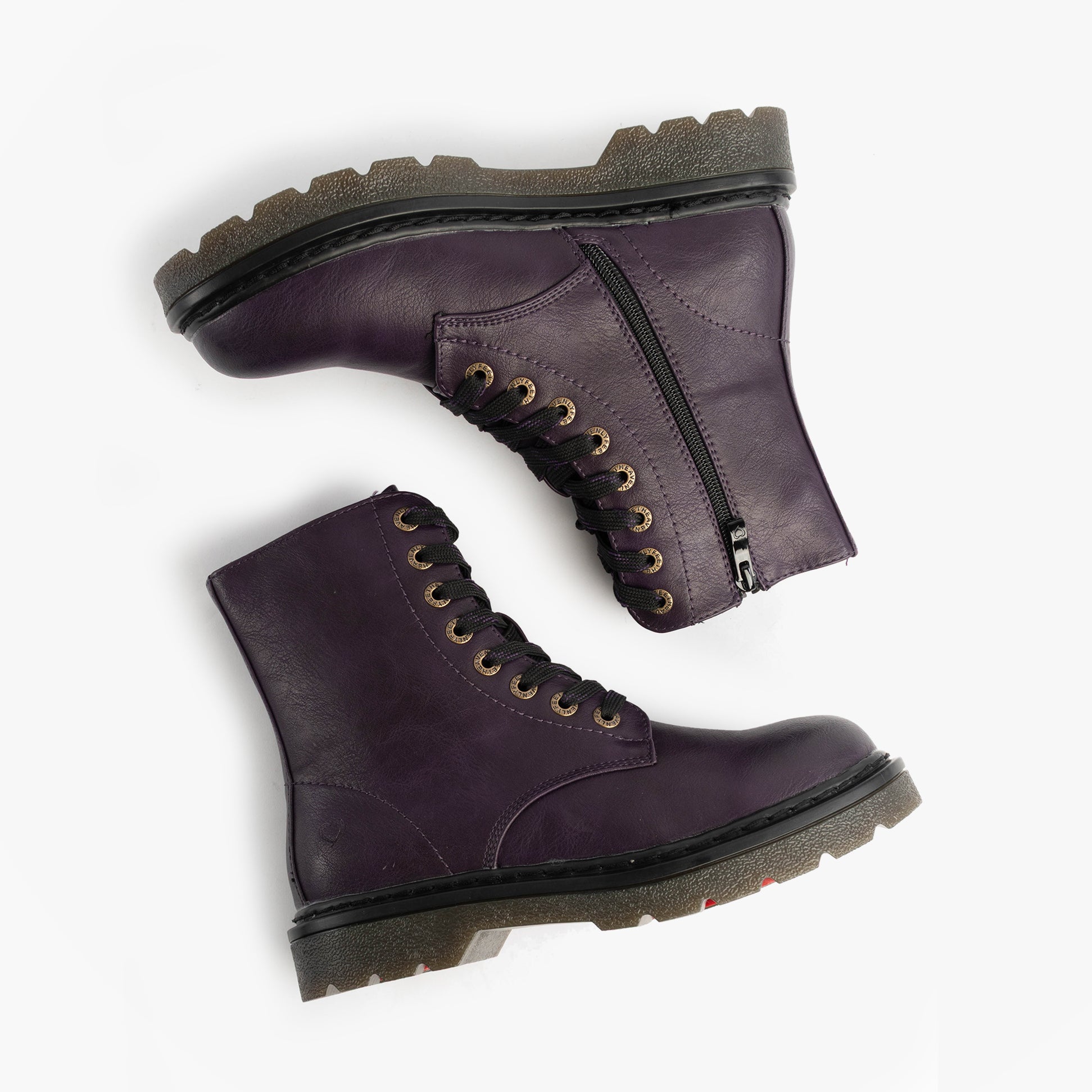 Heavenly Feet JUSTINA2 Womens Ankle Boots Purple side view showing laces and zip closure with rubber sole.