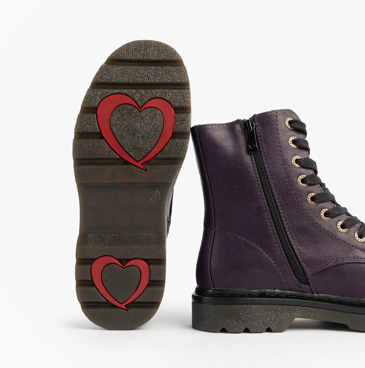 Heavenly Feet JUSTINA2 Womens Ankle Boots Purple detail view showing sole with heart design and zip closure.