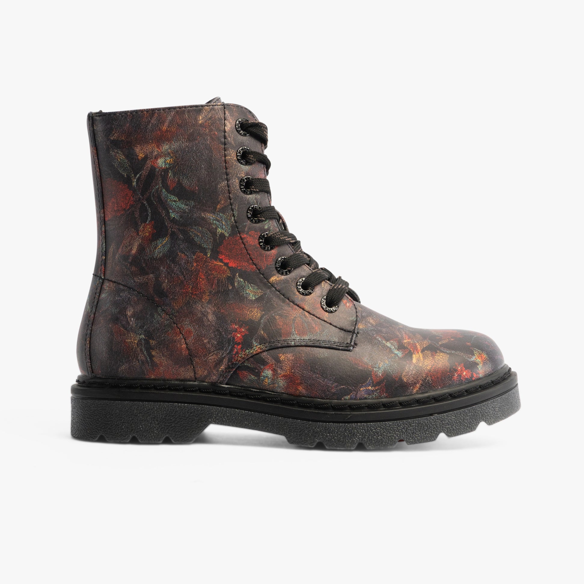 Heavenly Feet JUSTINA2 WOODLAND PRINT Womens Lace Up Boots Black side view showing floral design and lace-up detail.