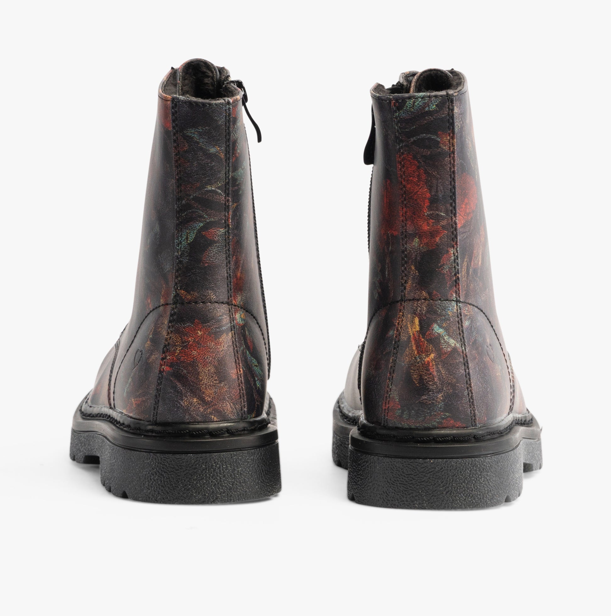 Heavenly Feet JUSTINA2 WOODLAND PRINT Womens Lace Up Boots Black back view showcasing distinctive woodland print design.