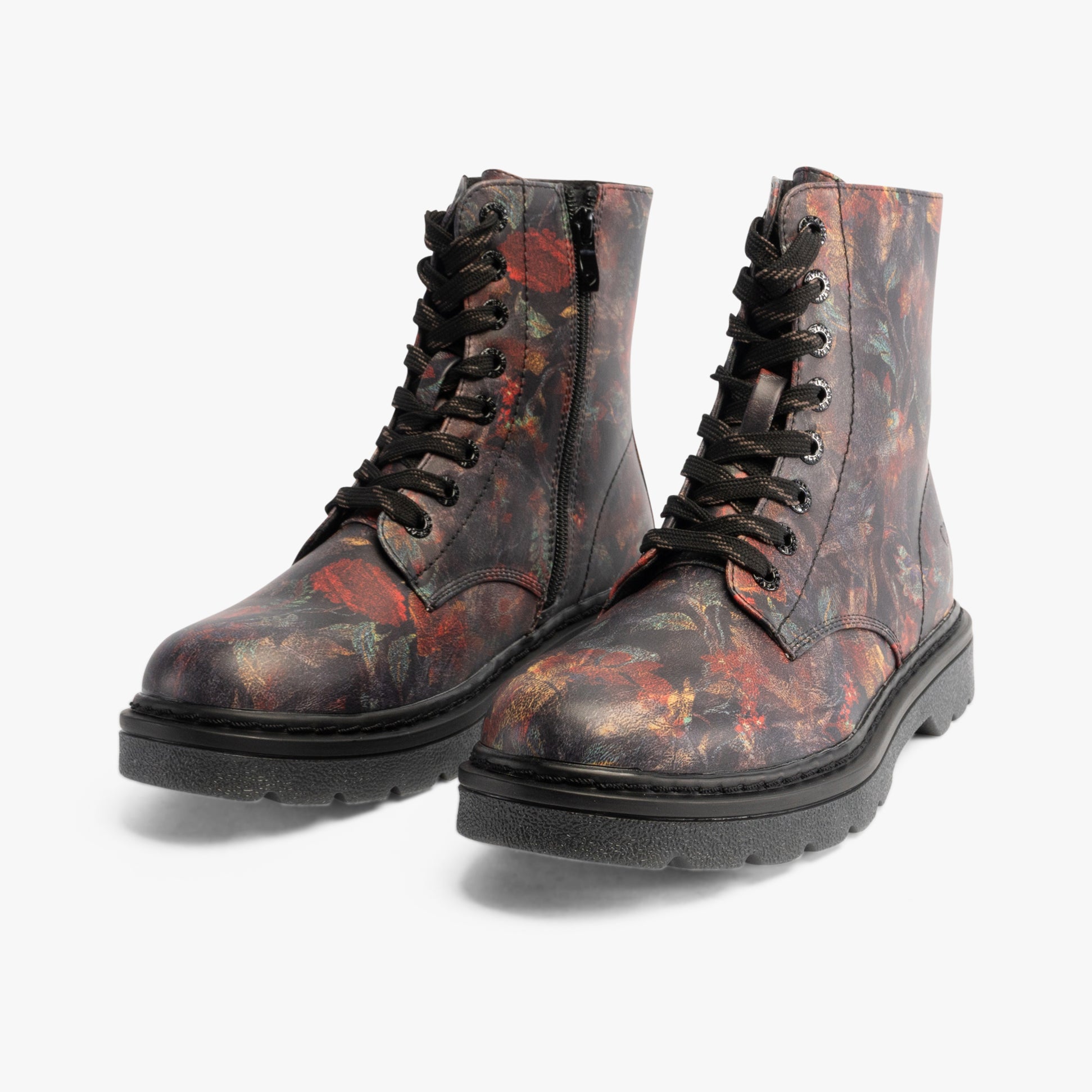 Heavenly Feet JUSTINA2 WOODLAND PRINT Womens Lace Up Boots Black side view with floral print and lace-up features.