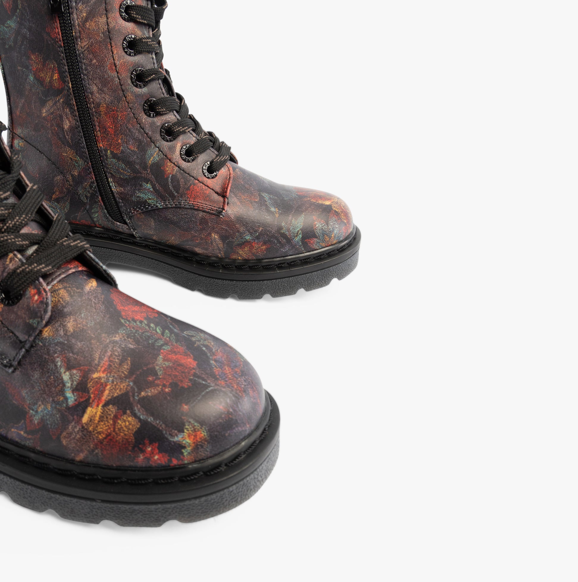 Heavenly Feet JUSTINA2 WOODLAND PRINT Womens Lace Up Boots Black side view showcasing woodland print design.