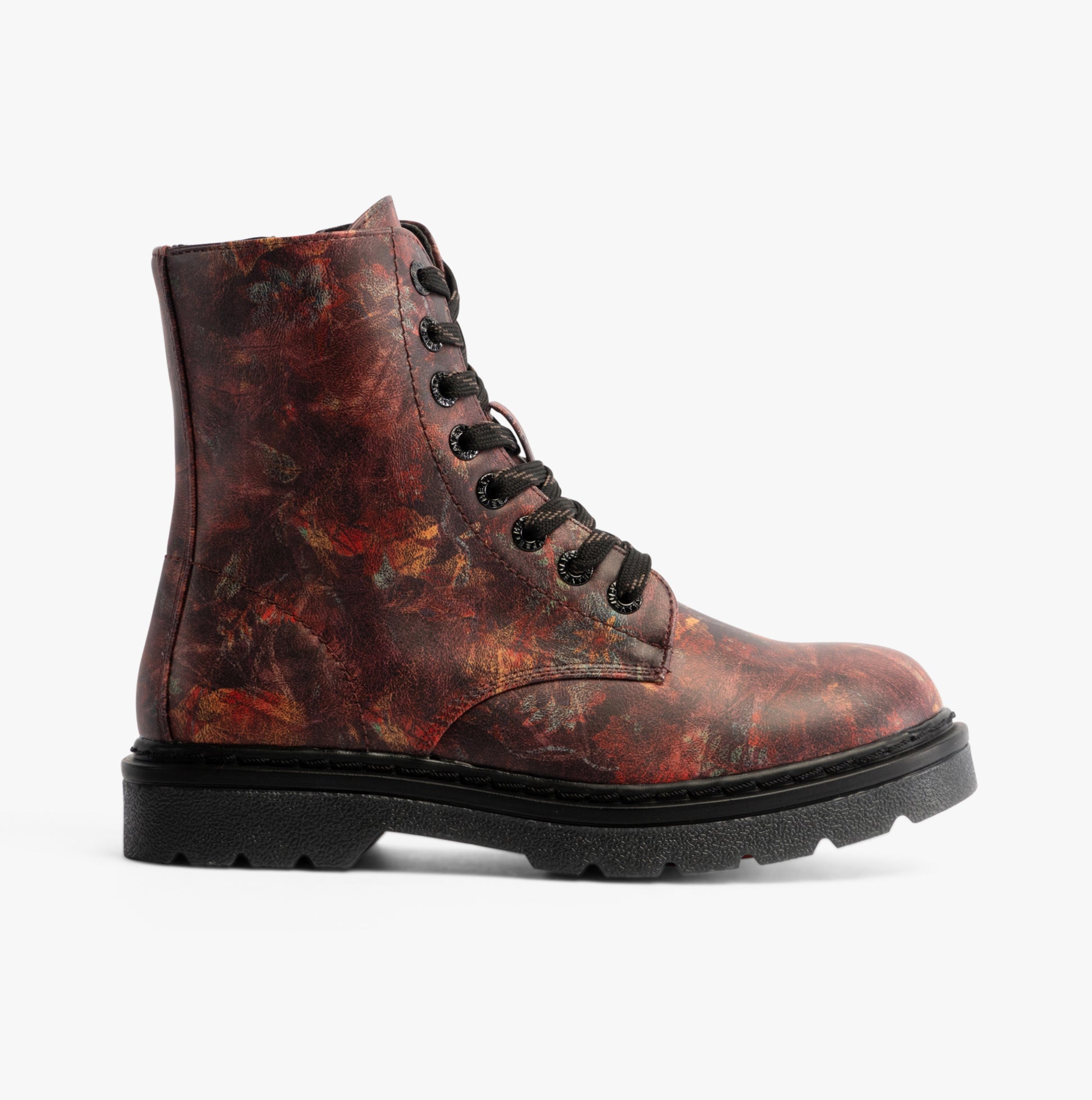 Heavenly Feet JUSTINA2 WOODLAND PRINT Womens Lace Up Boots Bark, side view, brown faux leather ankle boots with lace-up design.