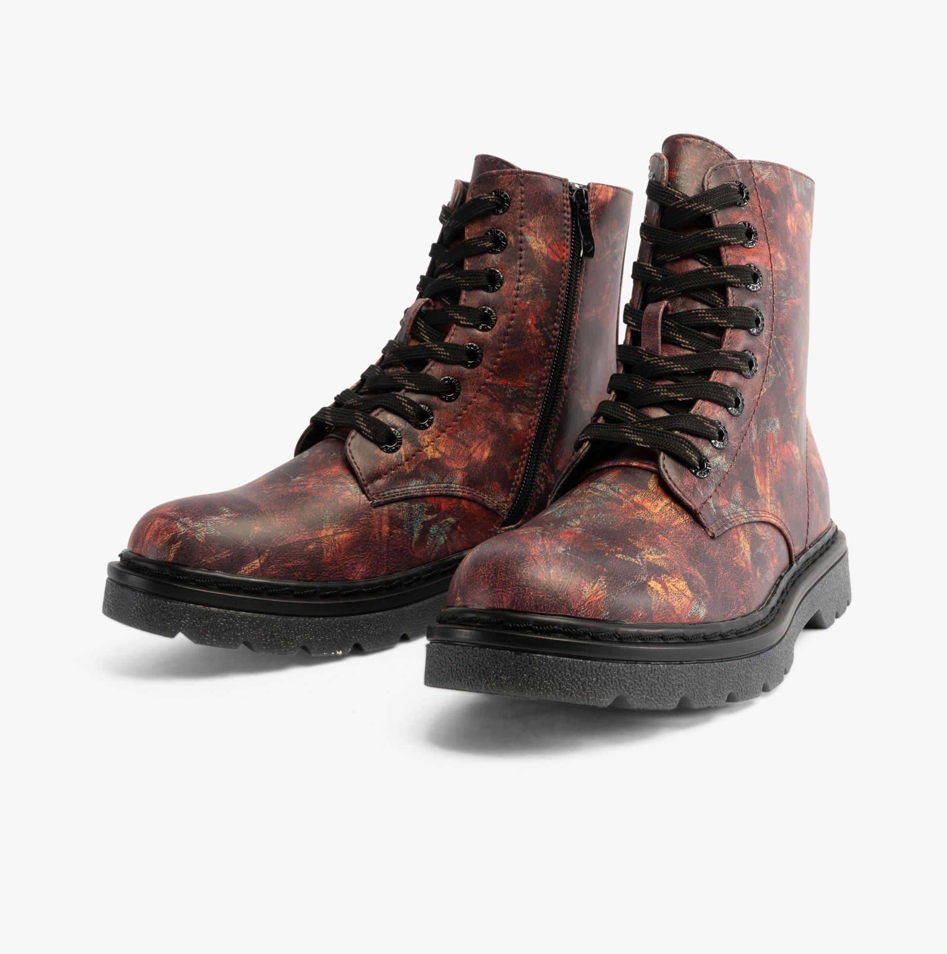 Heavenly Feet JUSTINA2 WOODLAND PRINT Womens Lace Up Boots Bark side view showcasing faux leather and lace-up design.