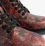 Heavenly Feet JUSTINA2 WOODLAND PRINT Womens Lace Up Boots Bark detail view showing faux leather texture and laces.