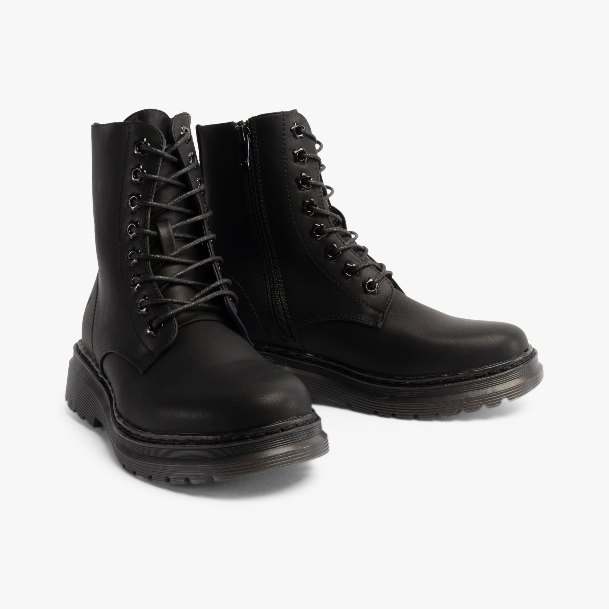 Heavenly Feet EVA Womens Lace Up Boots Black side view, showcasing leather upper, lace-up closure, and low heel design.