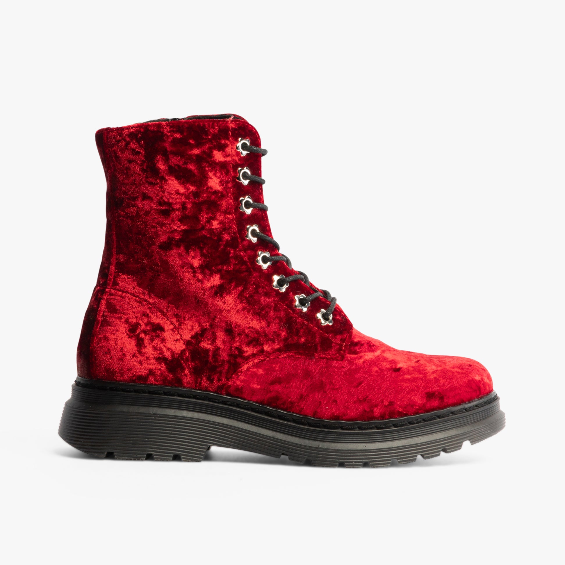 Heavenly Feet EVA Womens Lace Up Boots Scarlett Velour side view showing plush red velour texture and lace-up design.