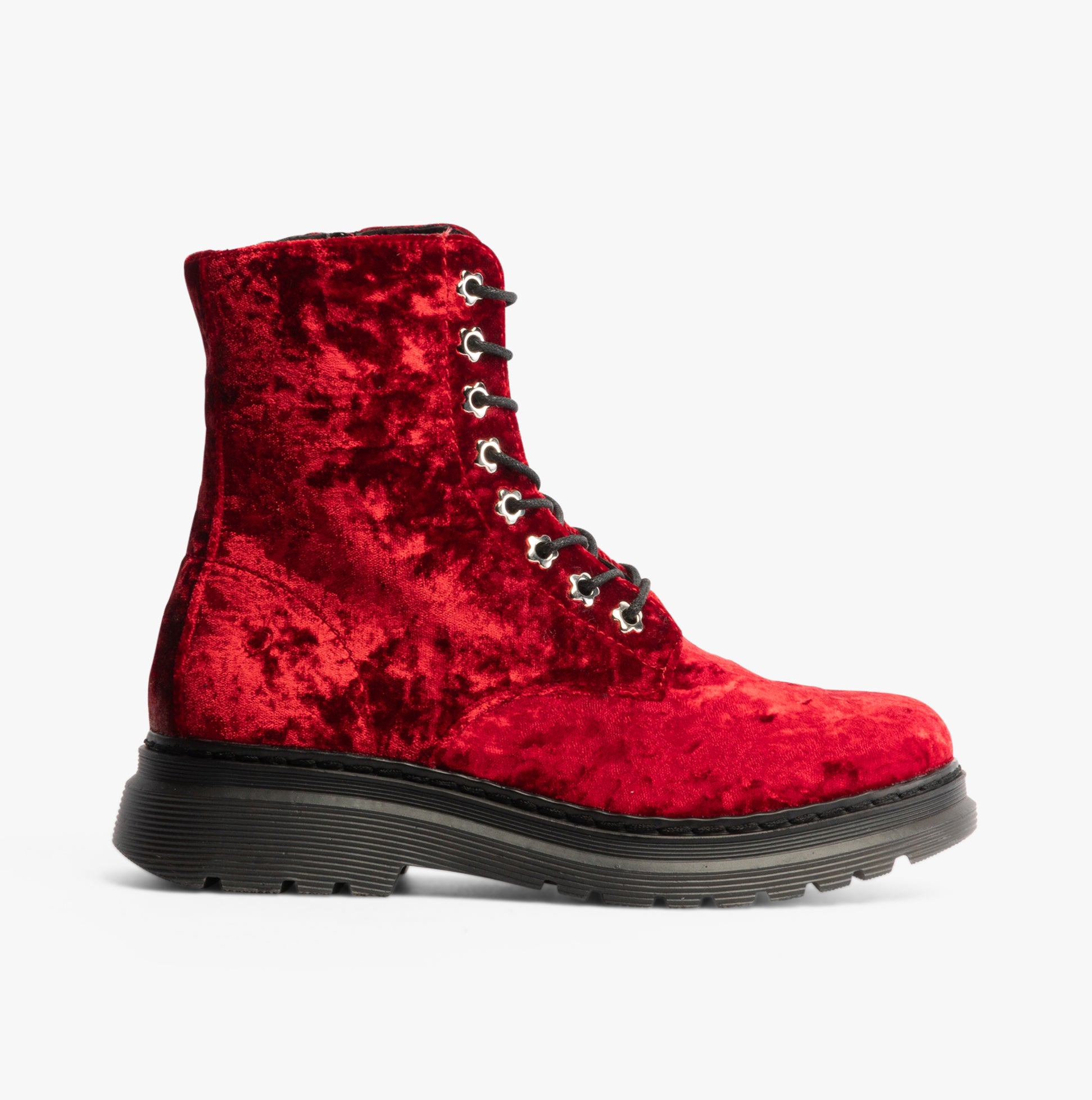 Heavenly Feet EVA Womens Lace Up Boots Scarlett Velour side view showing plush red velour texture and lace-up design.