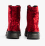 Heavenly Feet EVA Womens Lace Up Boots Scarlett Velour rear view showcasing glossy red velour and block heel design.