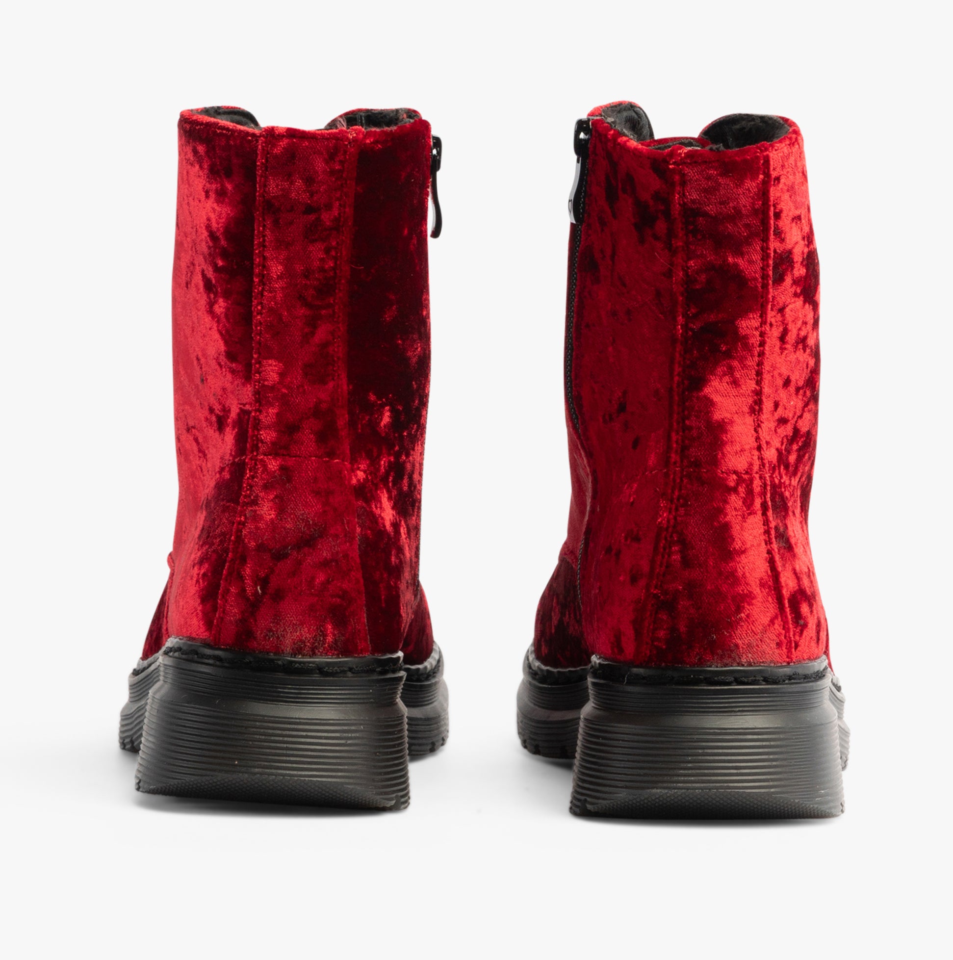 Heavenly Feet EVA Womens Lace Up Boots Scarlett Velour rear view showcasing glossy red velour and block heel design.
