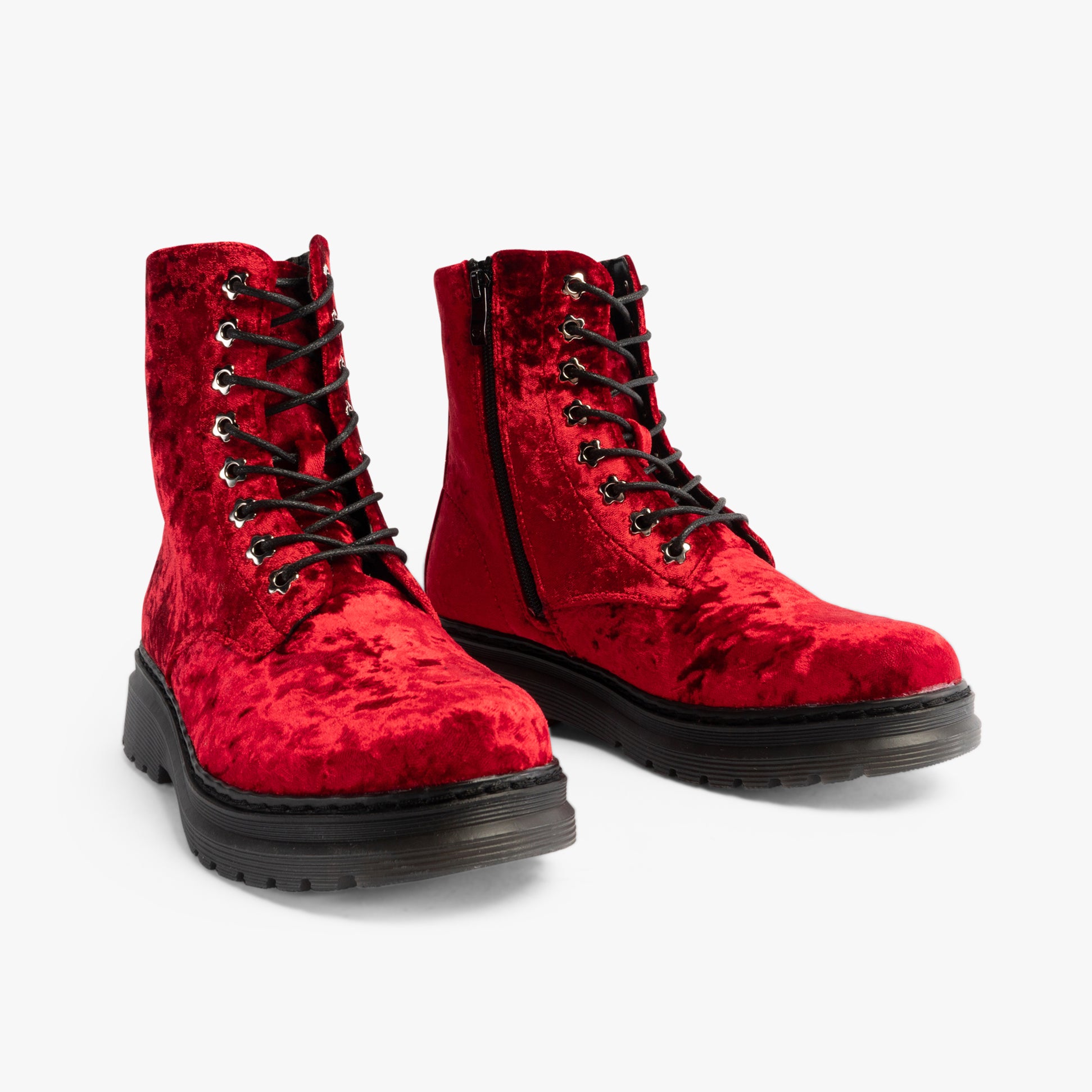 Heavenly Feet EVA Womens Lace Up Boots Scarlett Velour side view showcasing red velvet upper and lace-up design