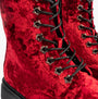 Heavenly Feet EVA Womens Lace Up Boots Scarlett Velour detail view showcasing the rich red velvet and lace-up design.