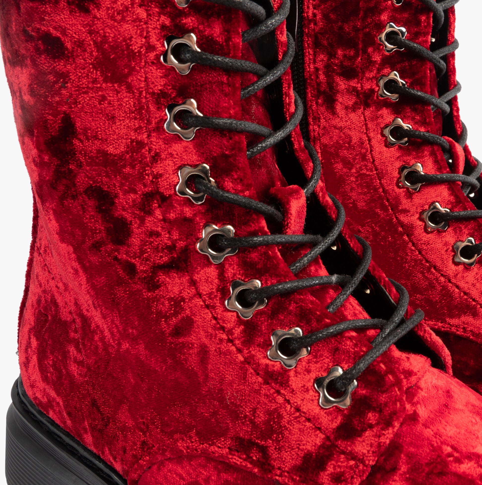 Heavenly Feet EVA Womens Lace Up Boots Scarlett Velour detail view showcasing the rich red velvet and lace-up design.