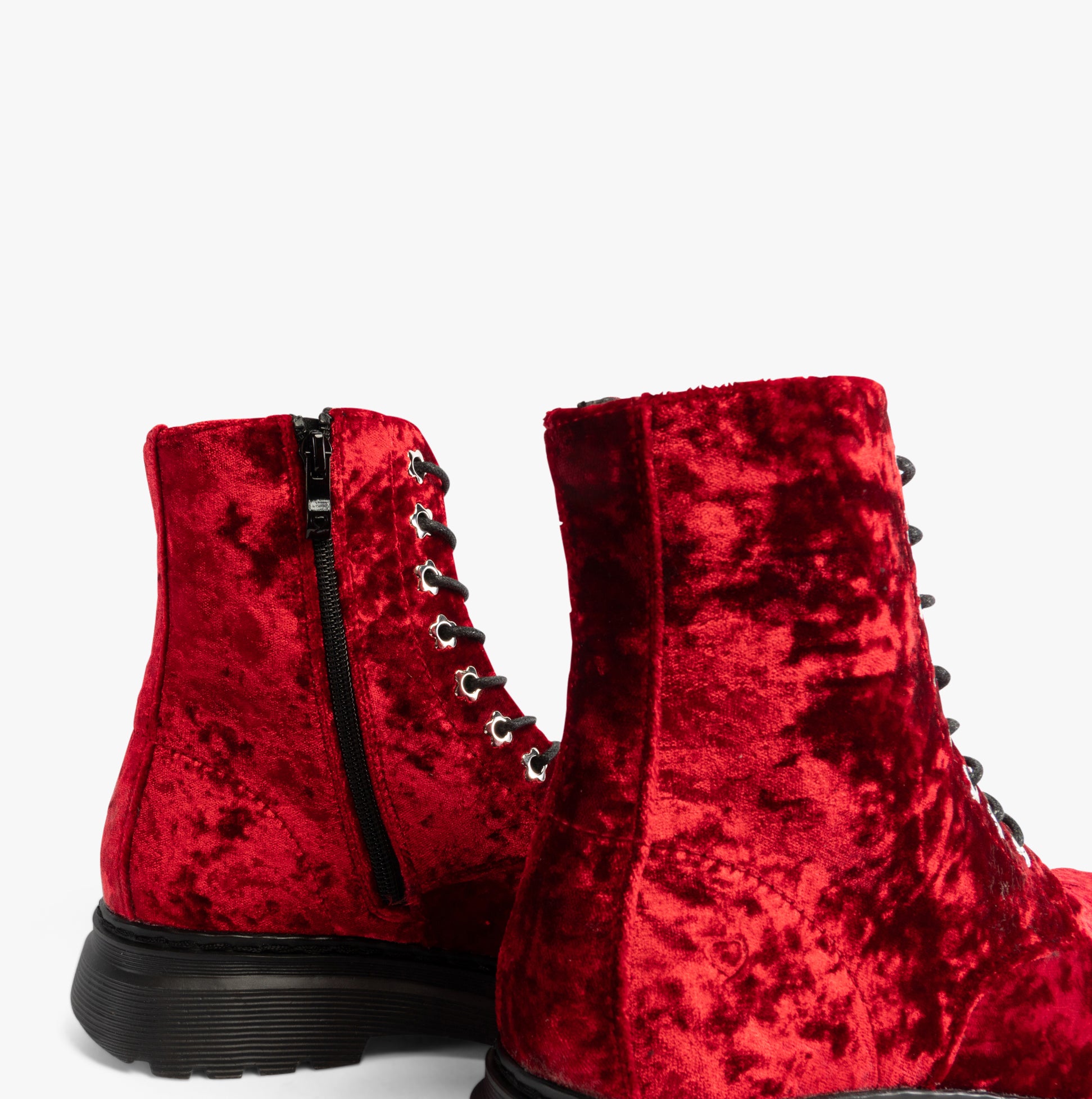 Heavenly Feet EVA Womens Lace Up Boots Scarlett Velour back view with zipper detail in rich red velour.