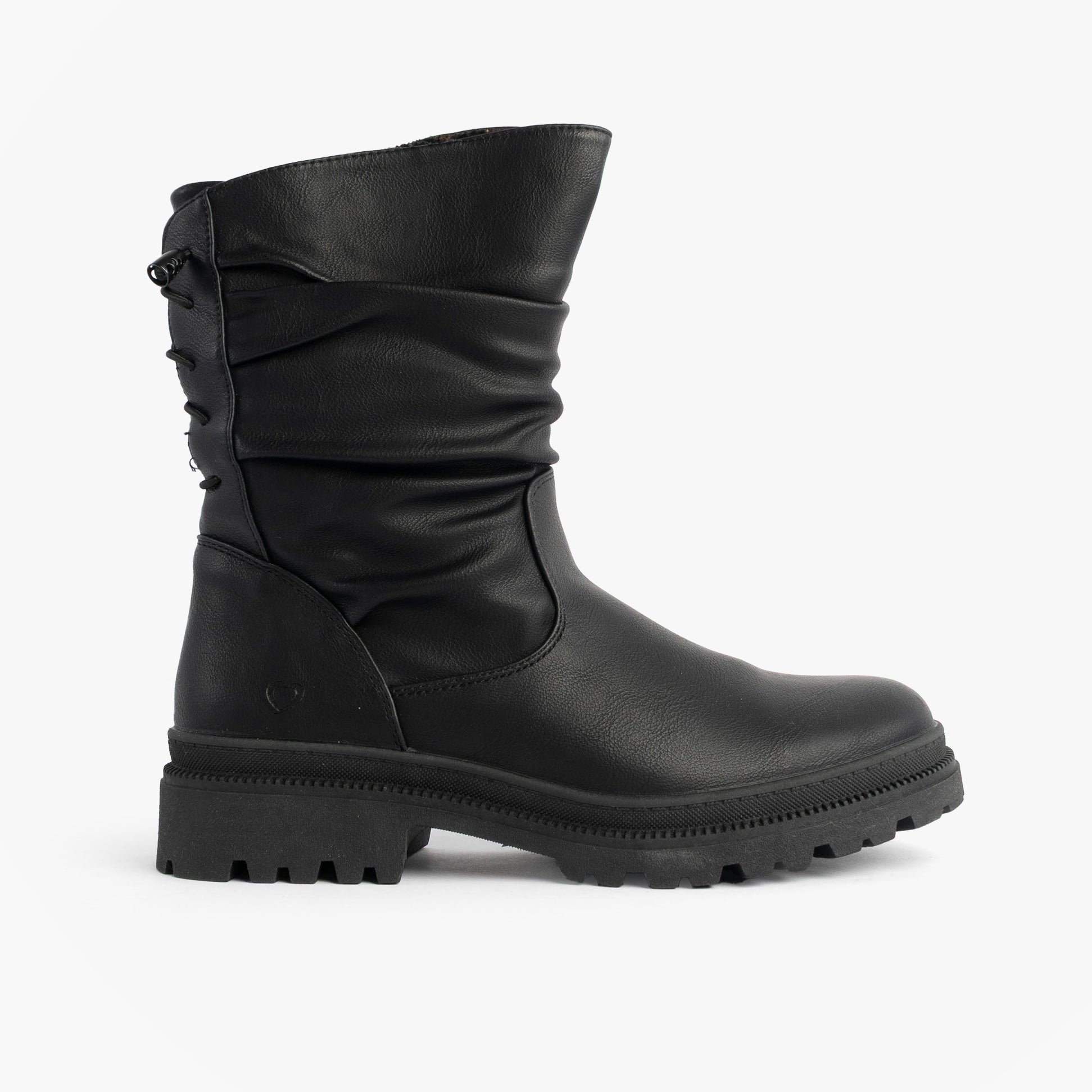 Heavenly Feet GRETEL Womens Boots Black side view showcasing mid-calf synthetic design with zip closure.