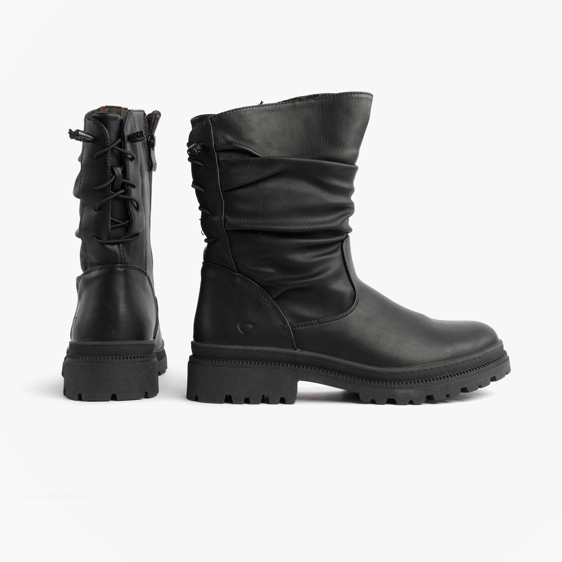 Heavenly Feet GRETEL Womens Boots Black side and back view showcasing synthetic upper and mid-calf design.