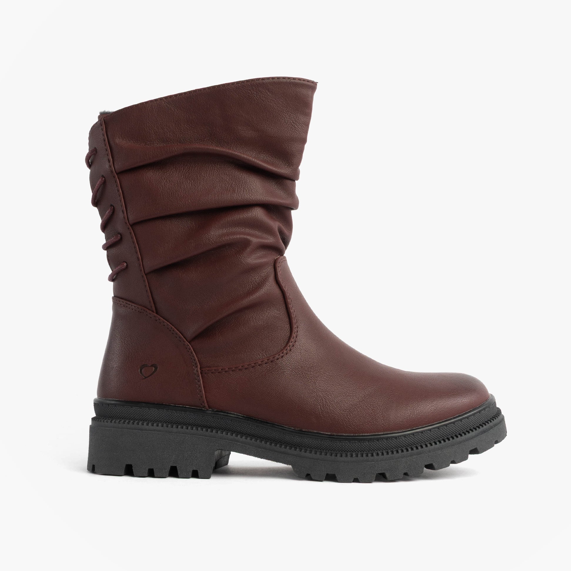 Heavenly Feet GRETEL Womens Boots Burgundy side view showcasing mid-calf style with synthetic upper and memory foam.