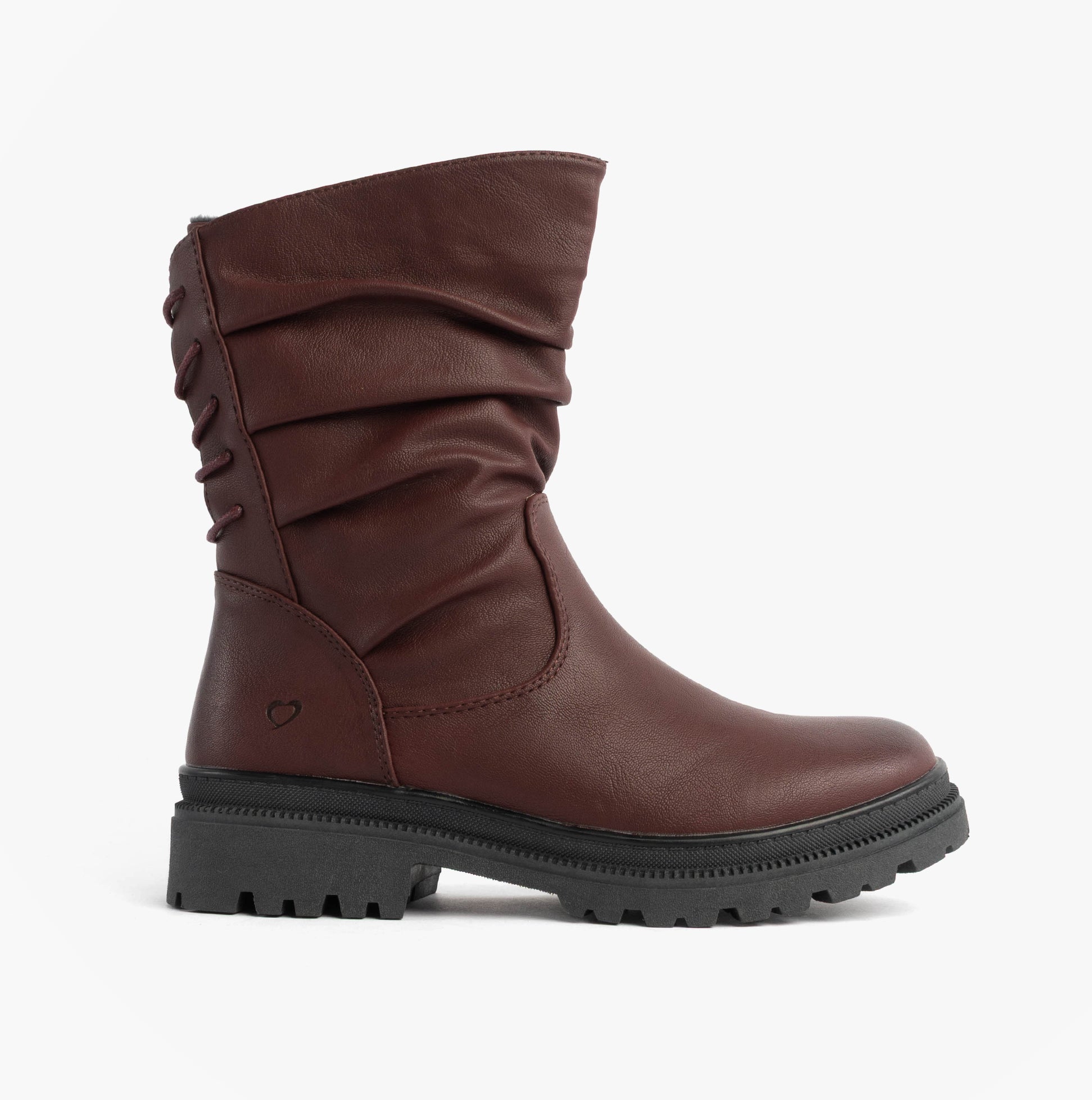Heavenly Feet GRETEL Womens Boots Burgundy side view showcasing mid-calf style with synthetic upper and memory foam.
