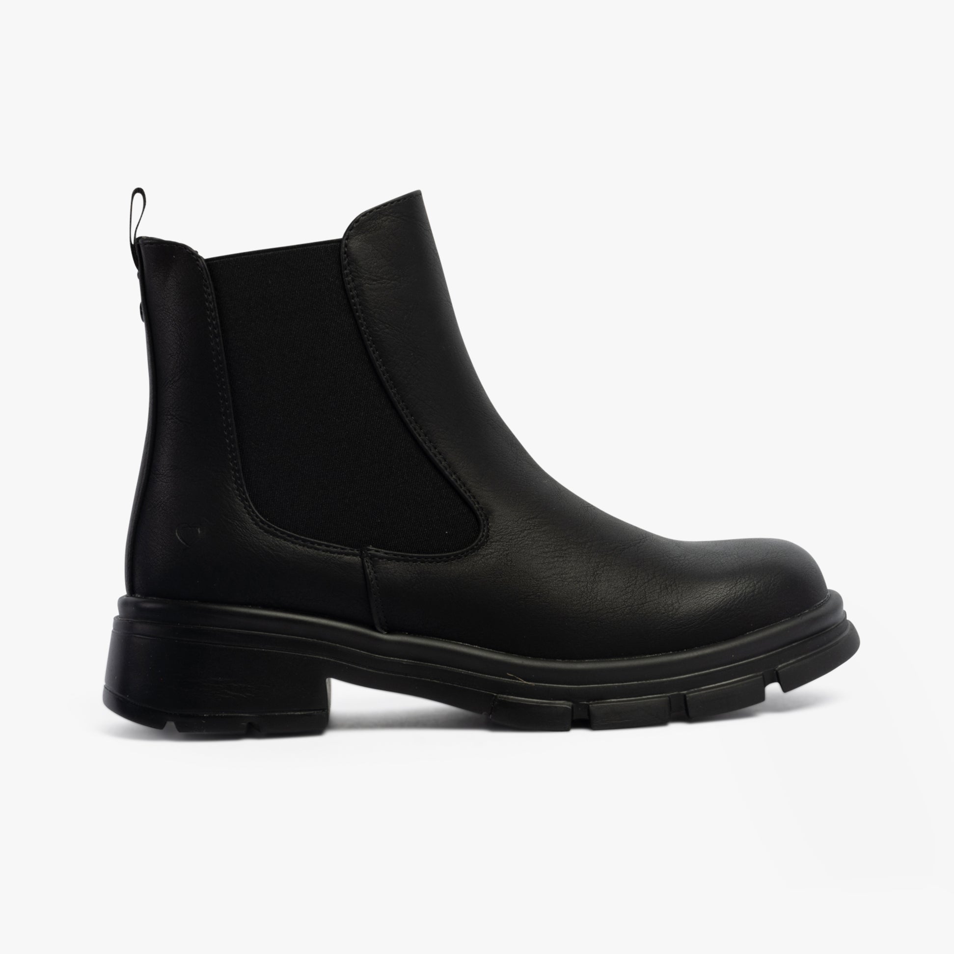 Heavenly Feet REMY Womens Chelsea Boots Black side view featuring faux leather and elasticated side panel.