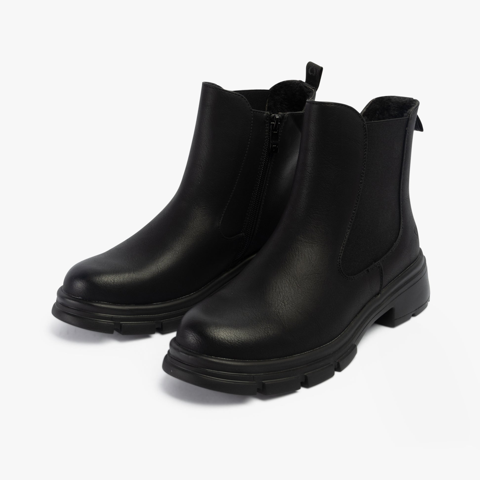 Heavenly Feet REMY Womens Chelsea Boots Black side view, faux leather upper, block heel, comfort features, stylish ankle boots.