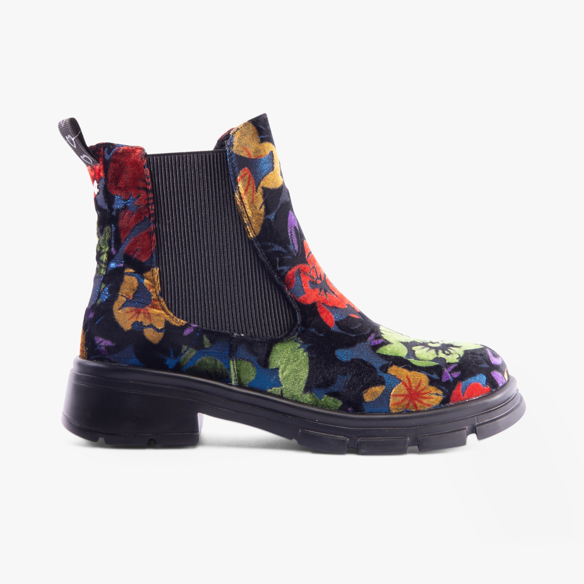Heavenly Feet REMY Womens Chelsea Boots Floral Velour Blue side view featuring vibrant floral design and block heel.