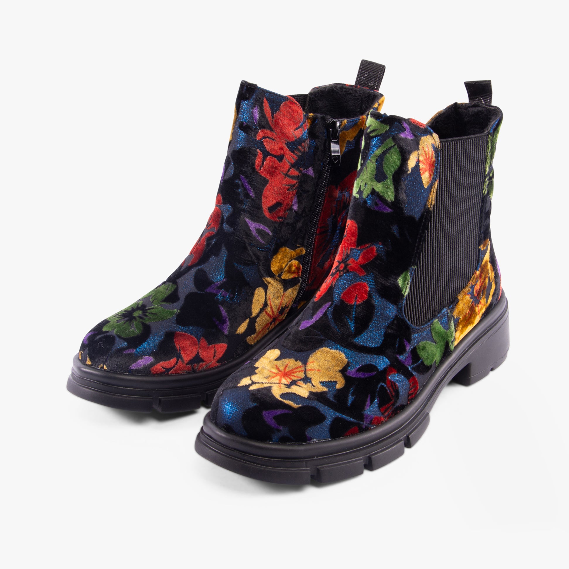 Heavenly Feet REMY Womens Chelsea Boots Floral Velour Blue side view with colorful floral design on black background.