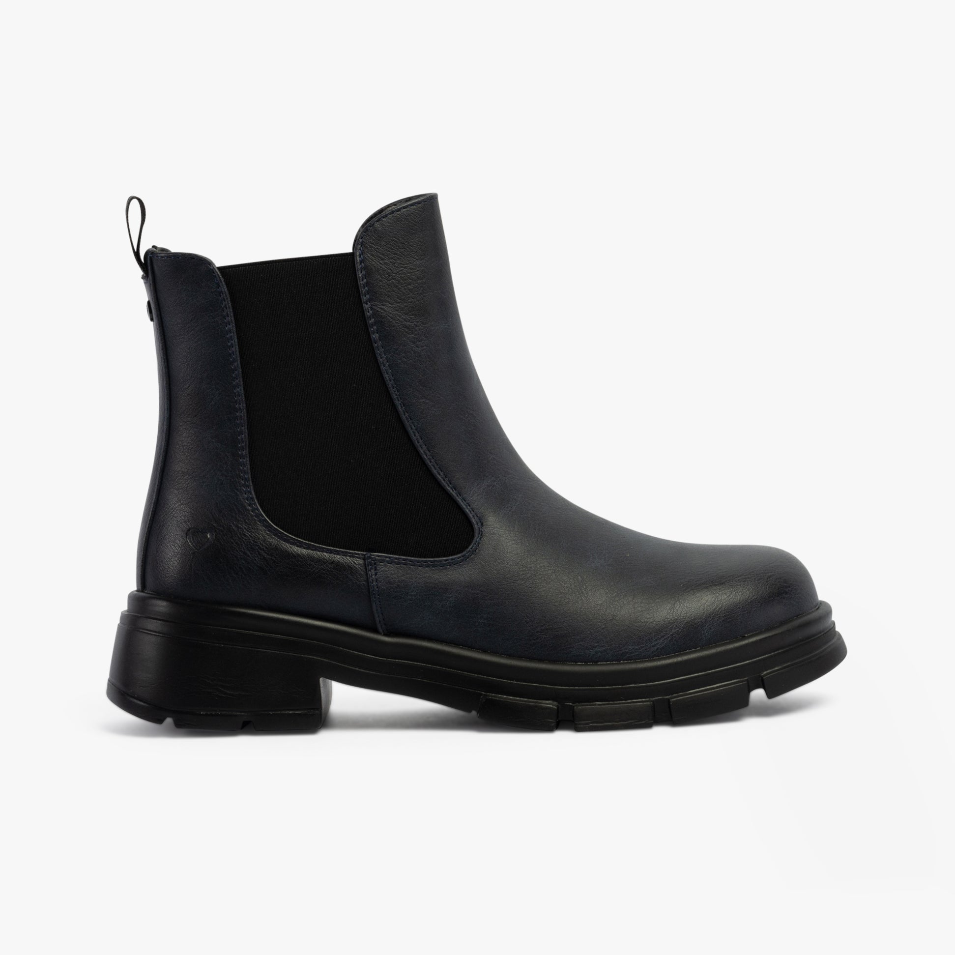 Heavenly Feet REMY Womens Chelsea Boots Navy side view showing faux leather upper and block heel design.