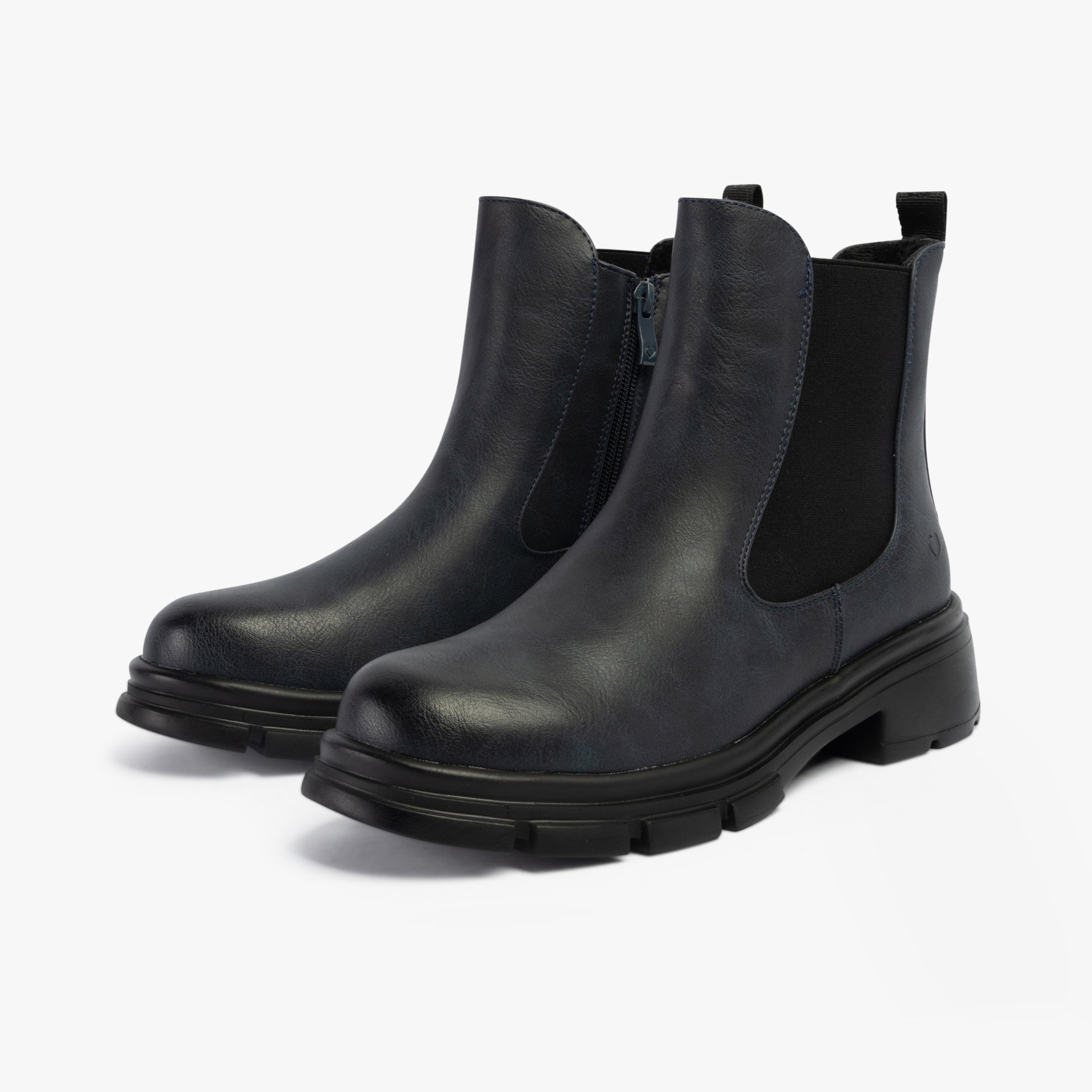 Heavenly Feet REMY Womens Chelsea Boots Navy side view showcasing faux leather and elasticated side panels.