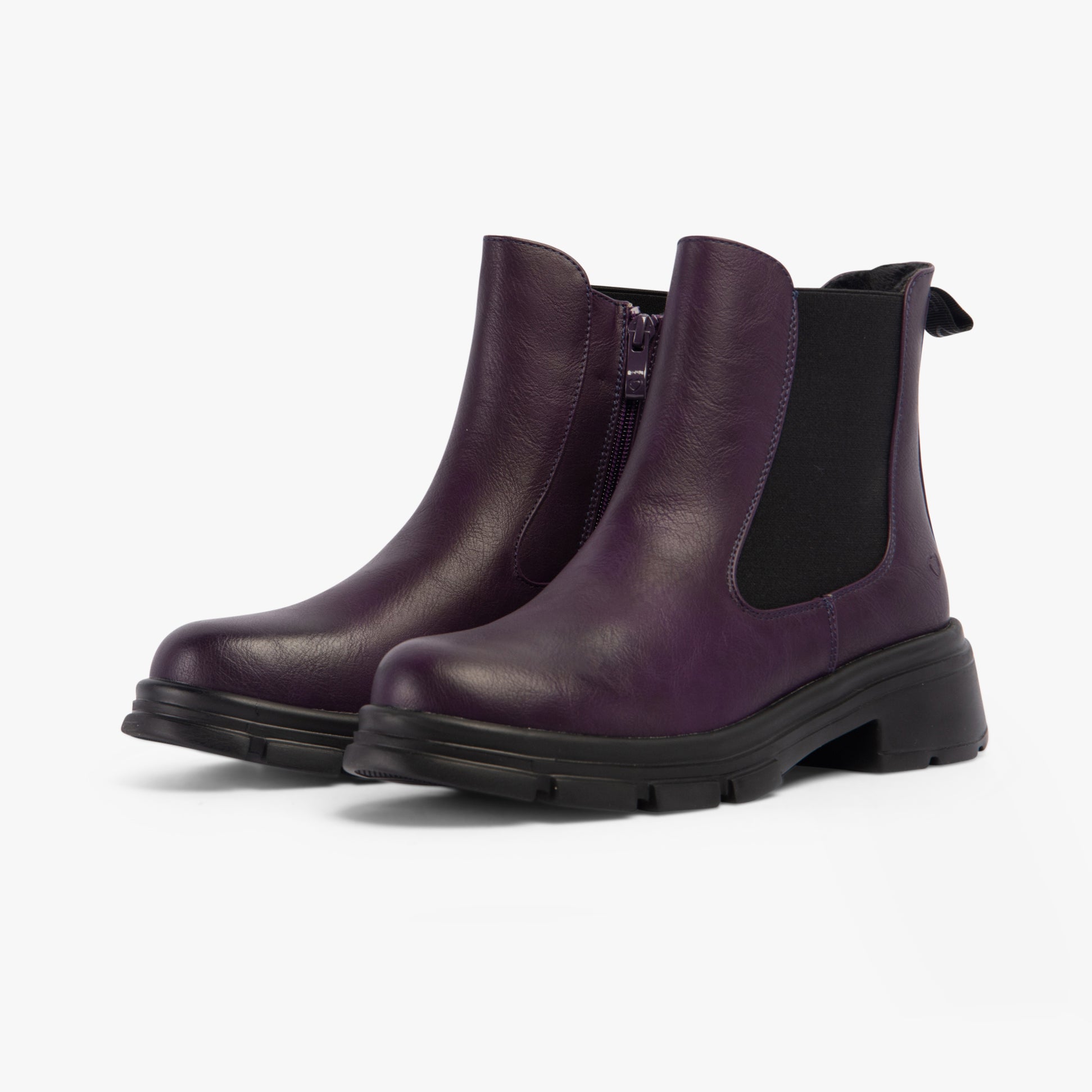 Heavenly Feet REMY Womens Chelsea Boots Purple side view with block heel and pull-on design, showcasing faux leather material.