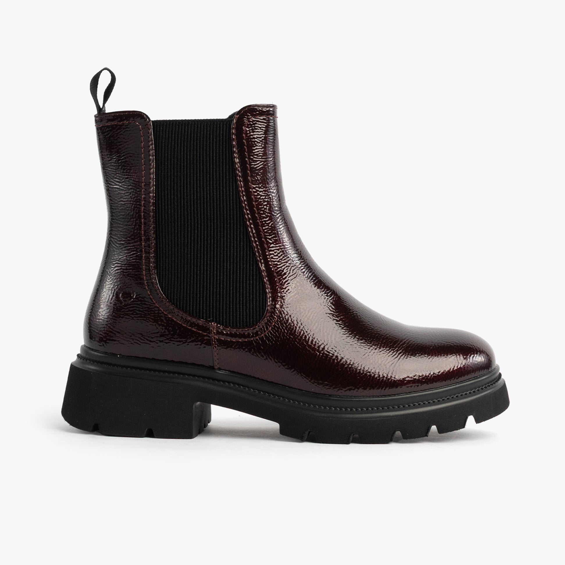 Heavenly Feet ZETA Womens Chelsea Boots Claret Patent side view showcasing shiny synthetic upper and rugged sole.