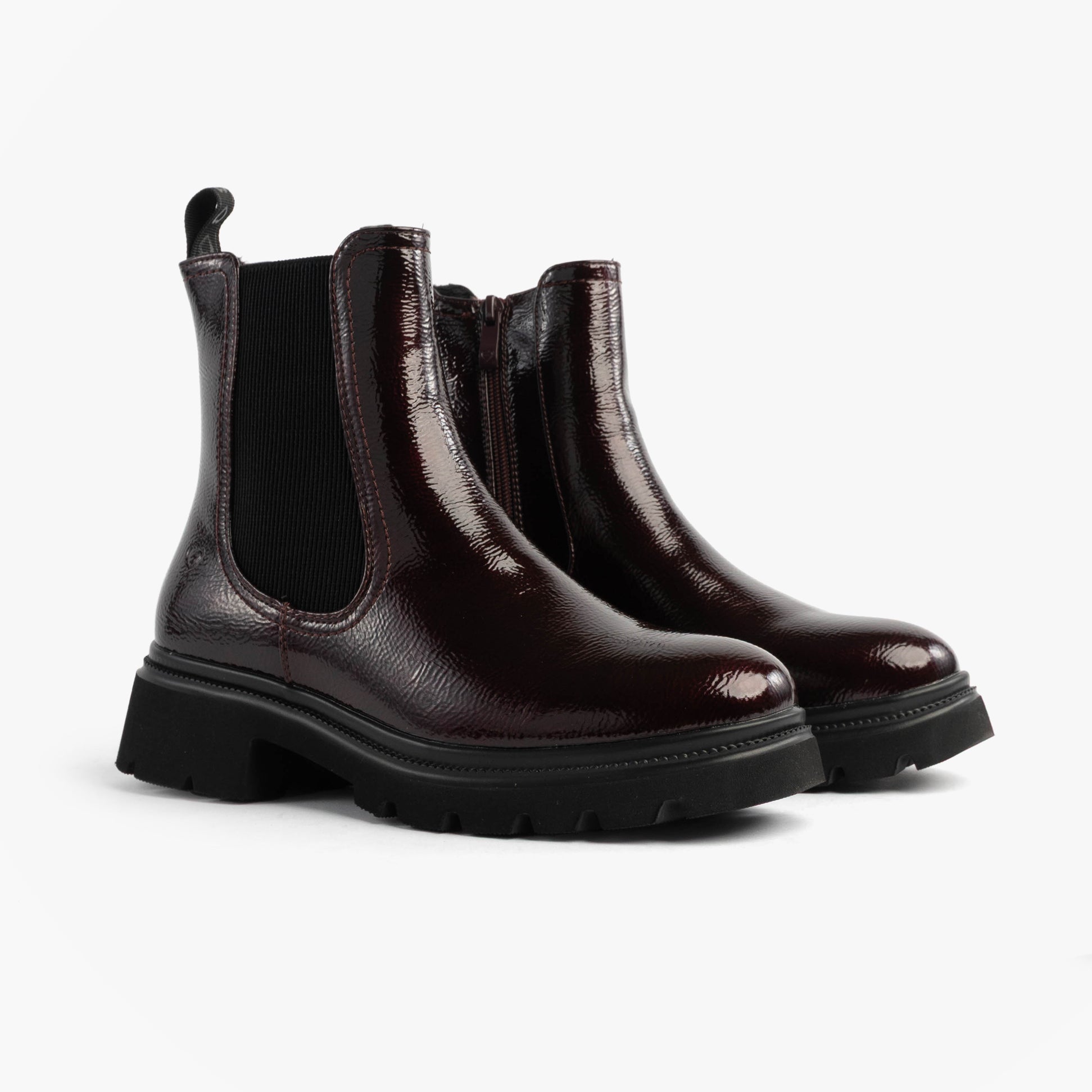 Heavenly Feet ZETA Womens Chelsea Boots Claret Patent side view showcasing glossy synthetic upper and rubber sole.