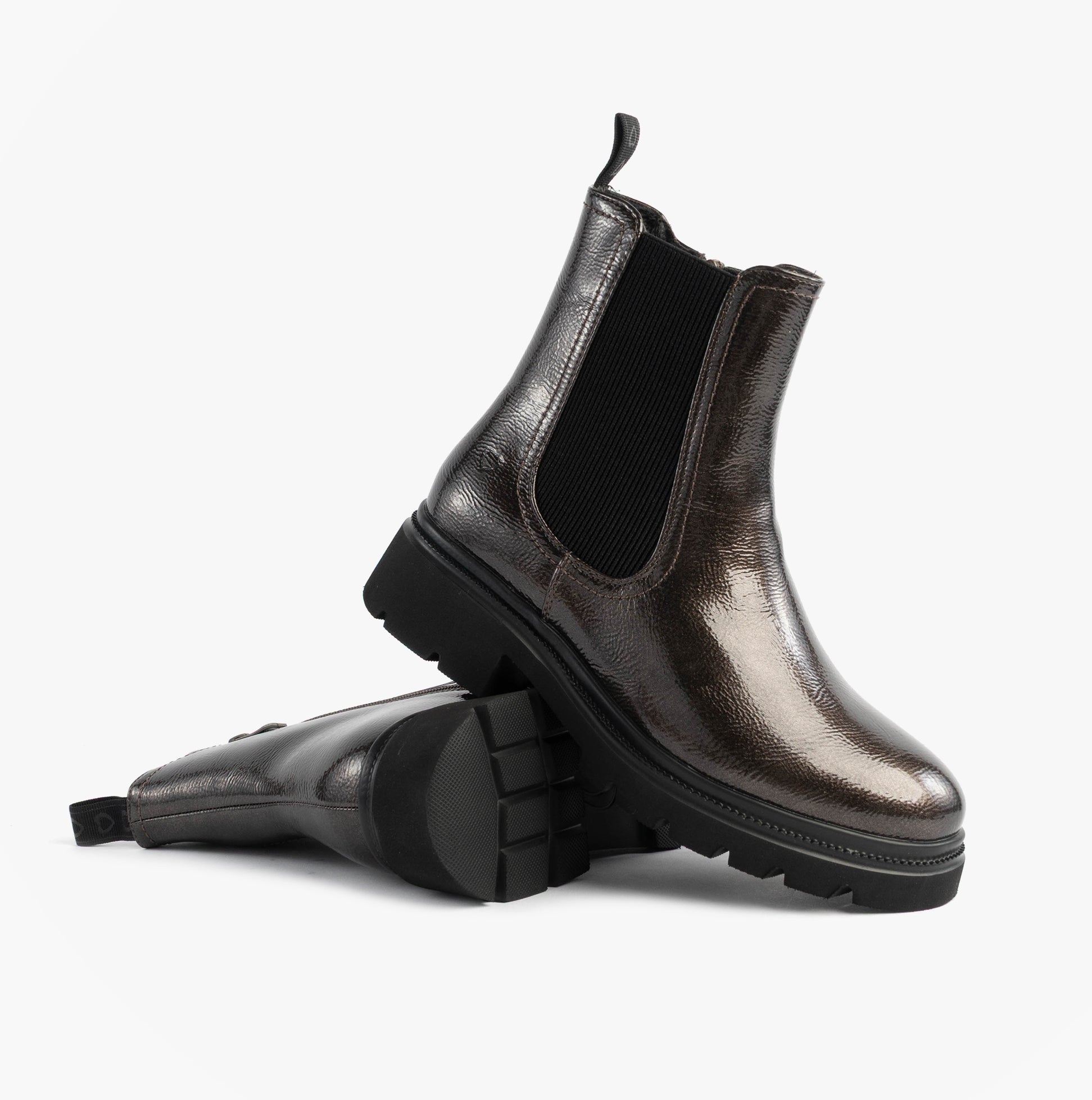 Heavenly Feet ZETA Womens Chelsea Boots Pewter Patent side view with rubber sole and zip closure.