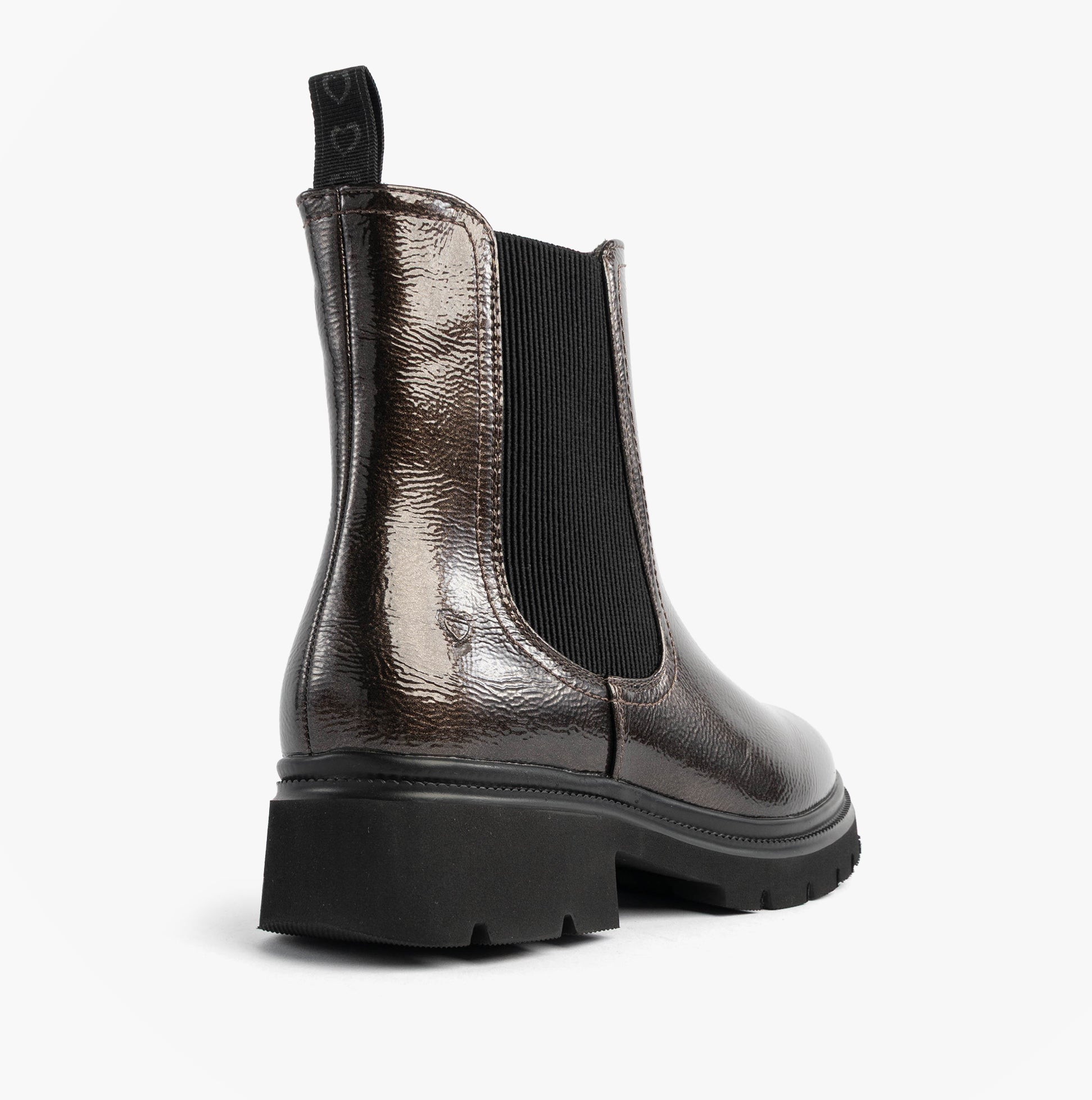 Heavenly Feet ZETA Womens Chelsea Boots Pewter Patent side view showing heel and elastic panel.