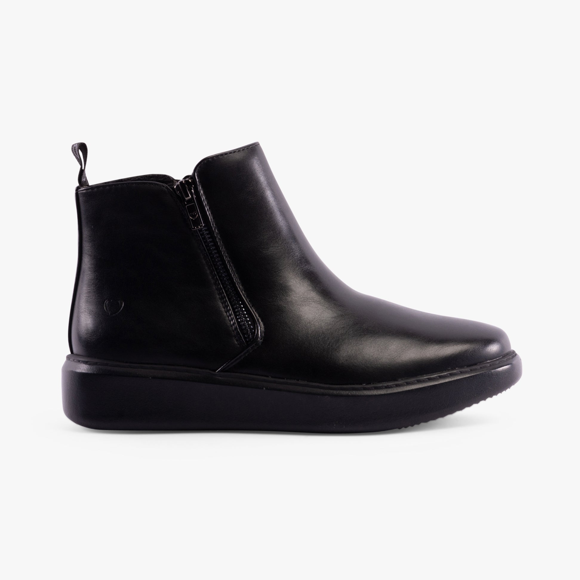 Heavenly Feet SENTA Womens Boots Black side view, ankle boots in faux leather with zip closure.