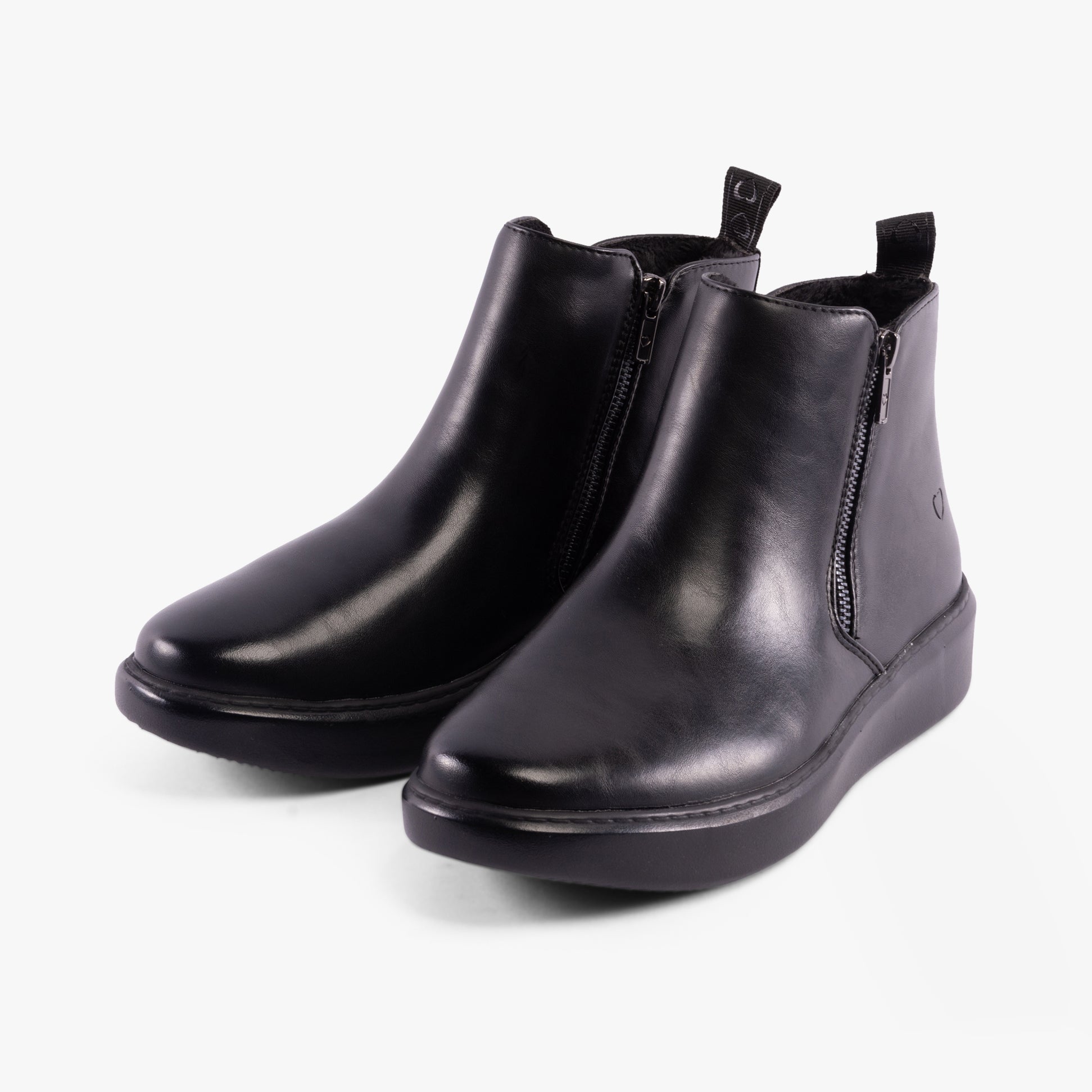 Heavenly Feet SENTA Womens Boots Black side view with zip closure and faux leather upper, ankle style boots.