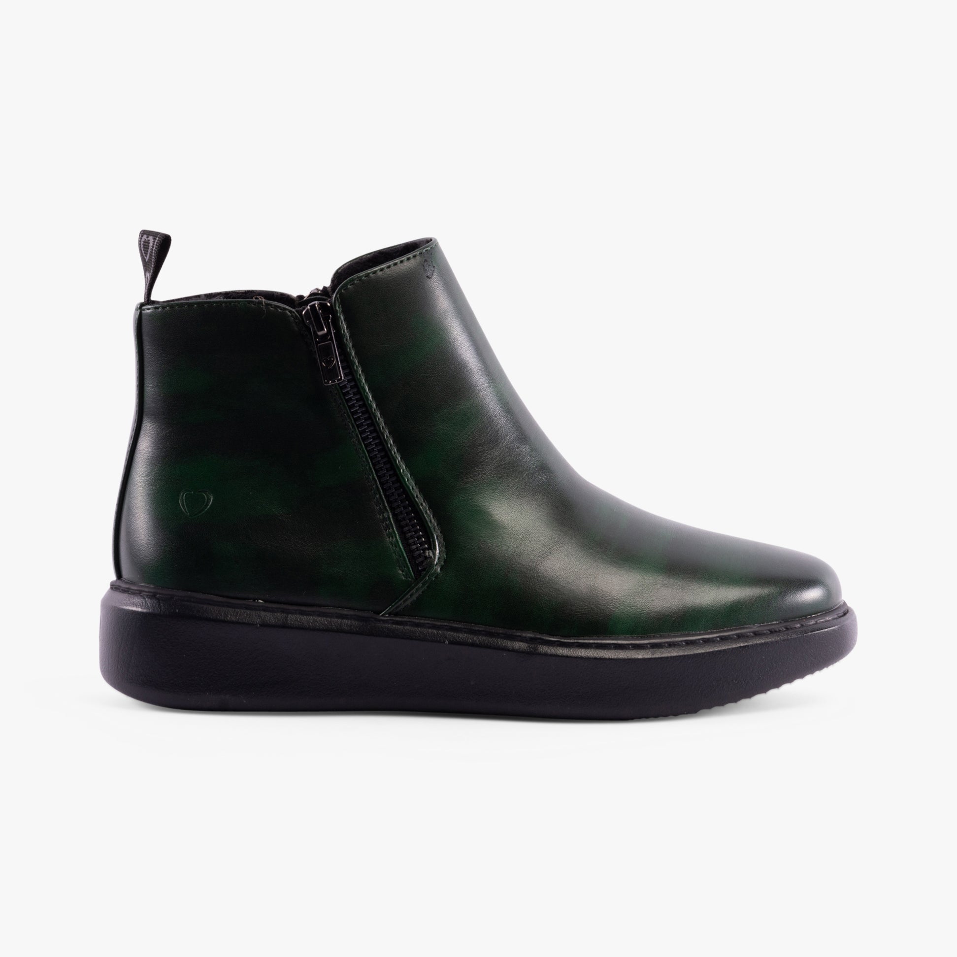 Heavenly Feet SENTA Womens Boots Forest side view showcasing faux leather ankle boots with zip closure.