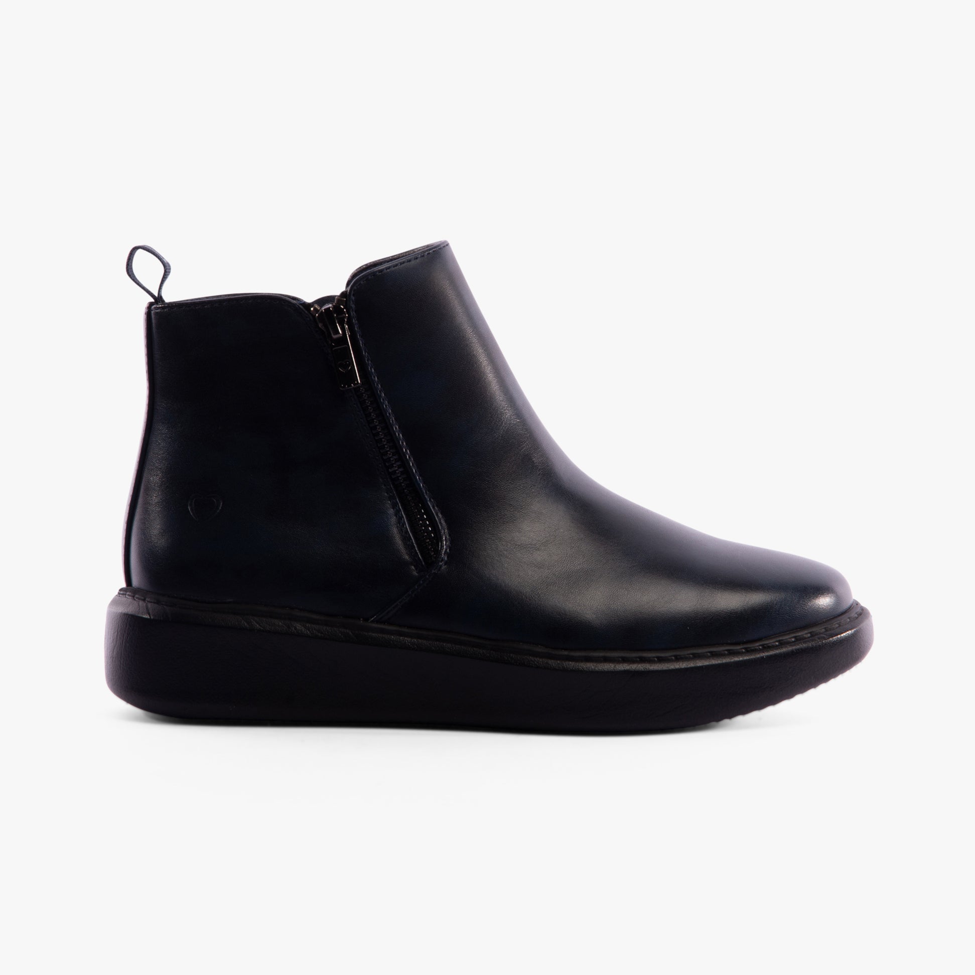 Heavenly Feet SENTA Womens Boots Midnight side view showing sleek faux leather and zip closure.