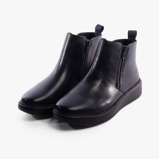Heavenly Feet SENTA Womens Boots Midnight side view showcasing faux leather ankle boots with zipper detail.